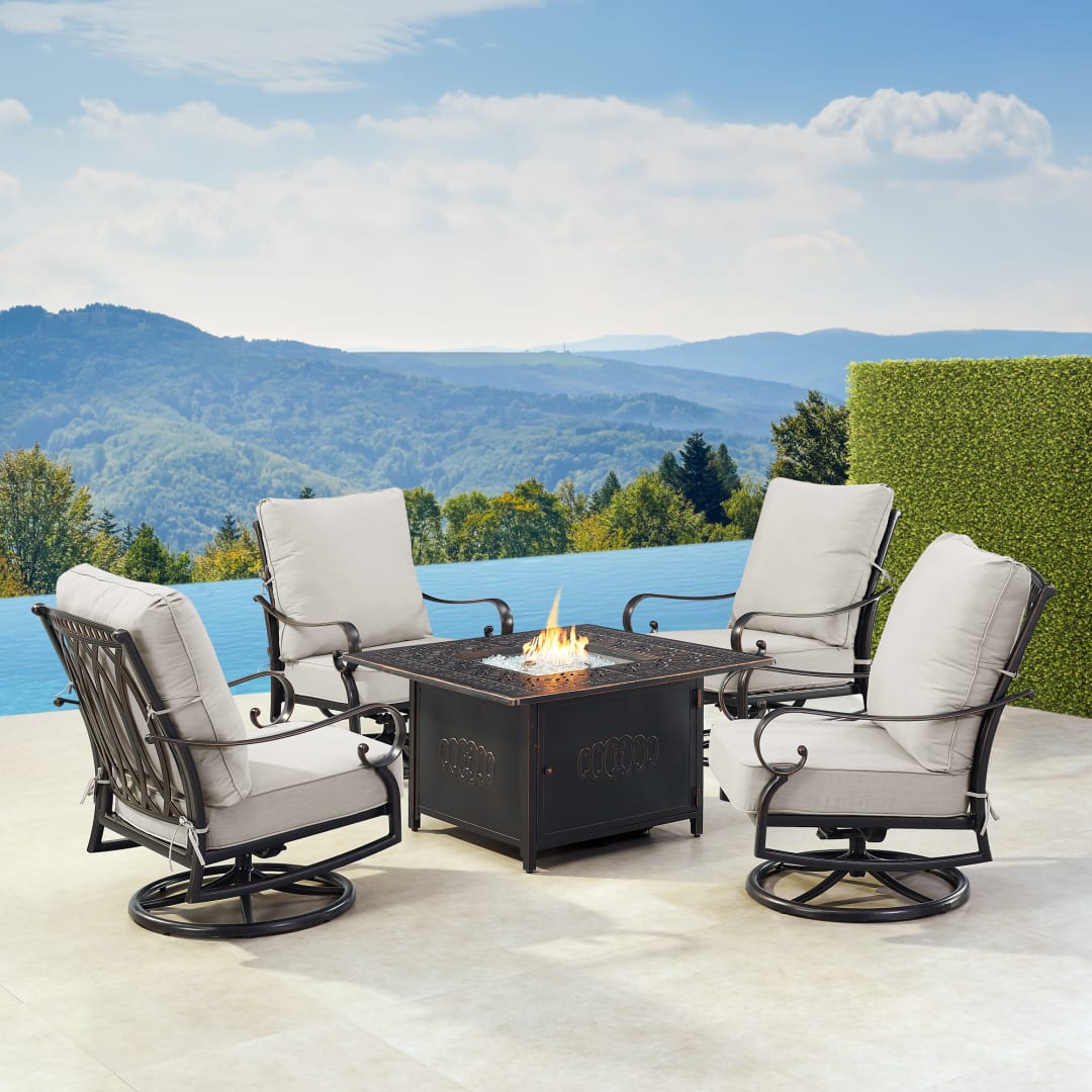 Black Aluminum Patio Fire Table Set with Four Club Chairs