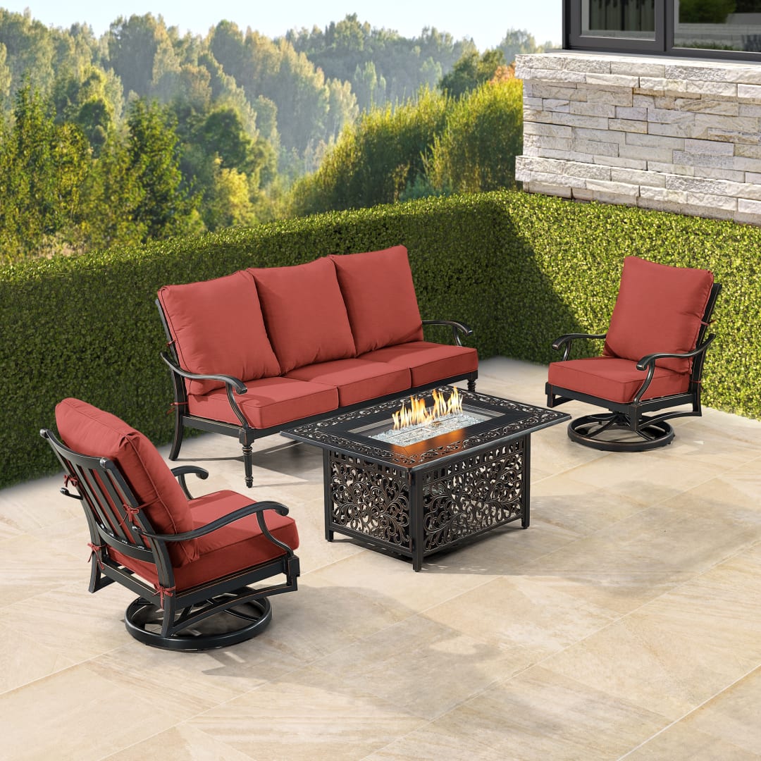 Black Aluminum Patio Fire Table Set with Deep Seating Sofa with Cushion and Two Club Chairs