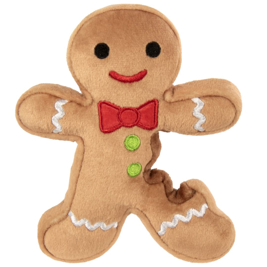 goDog Holiday Collection Gingerbread Man Squeaky Crinkle Plush Dog Toy With Chew Guard Technology, Small, Brown
