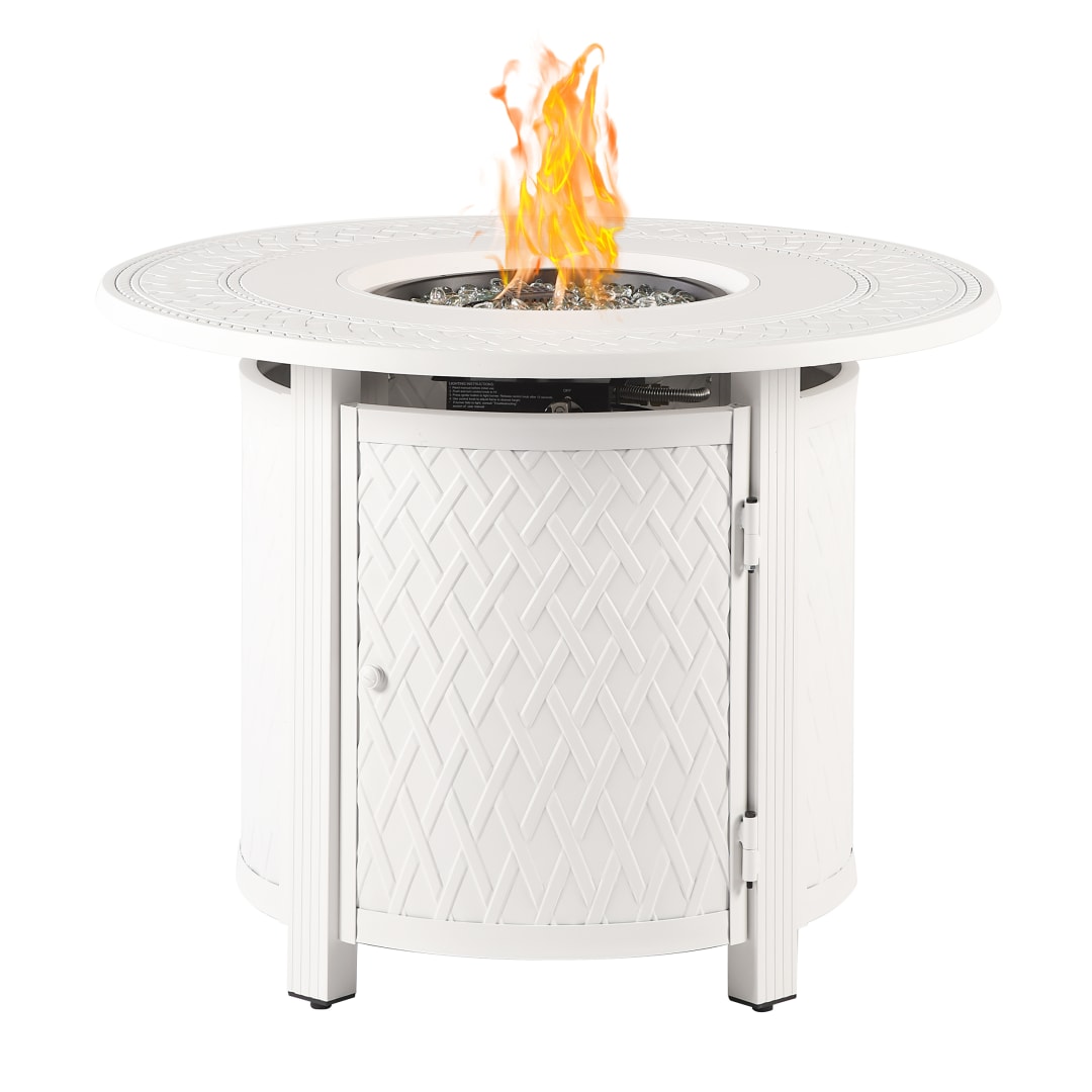 Round 34 in. x 34 in. Aluminum Propane Fire Pit Table with Glass Beads, Two Covers, Lid, 37,000 BTUs in White Finish