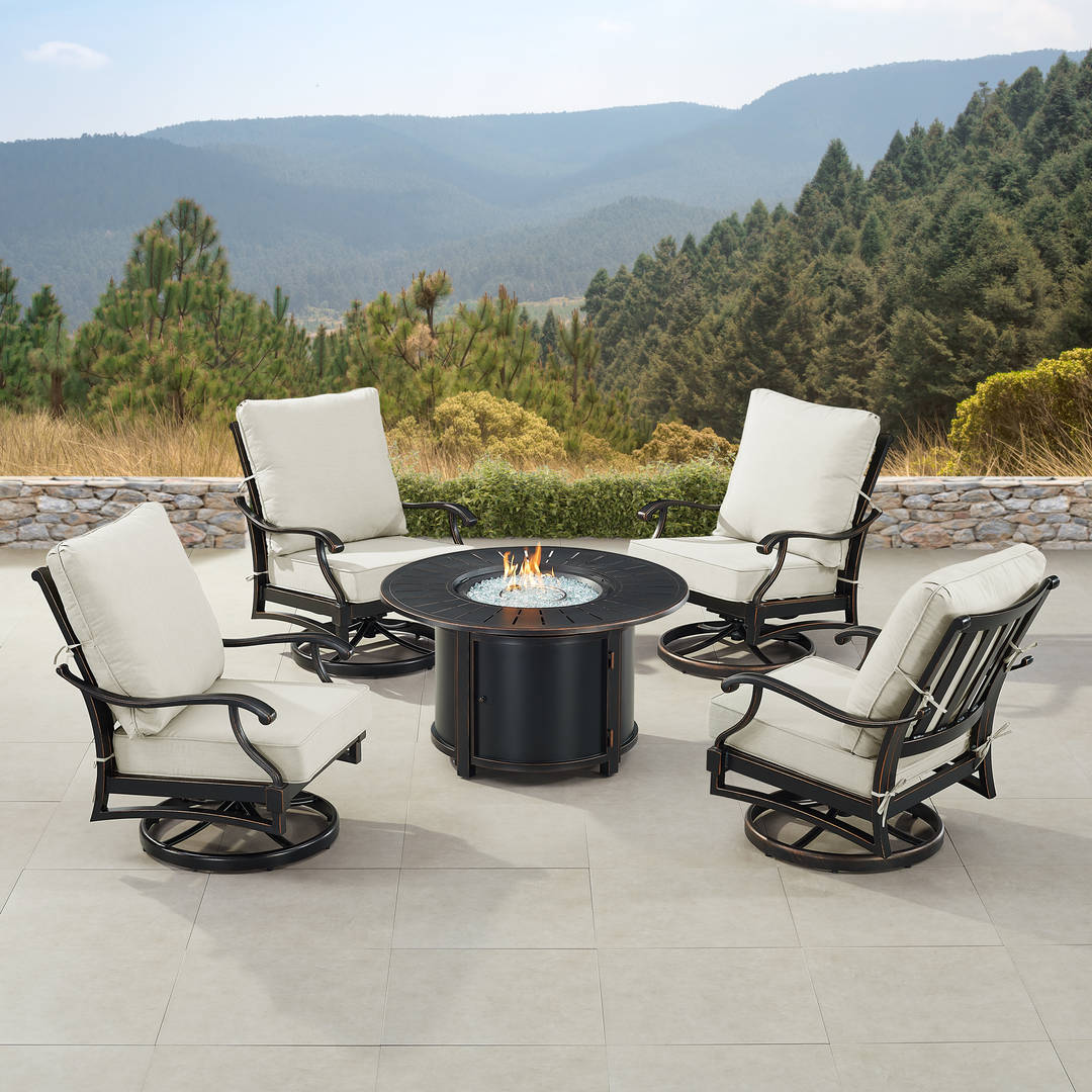 Black Aluminum Patio Fire Table Set with Four Club Chairs