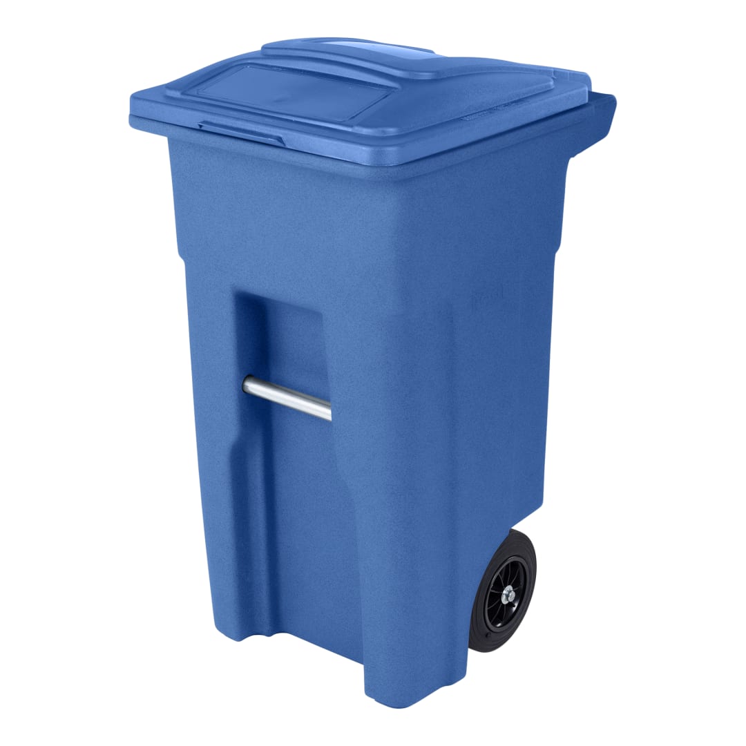 32 Gal. Blue Trash Can with Quiet Wheels and Attached Blue Lid
