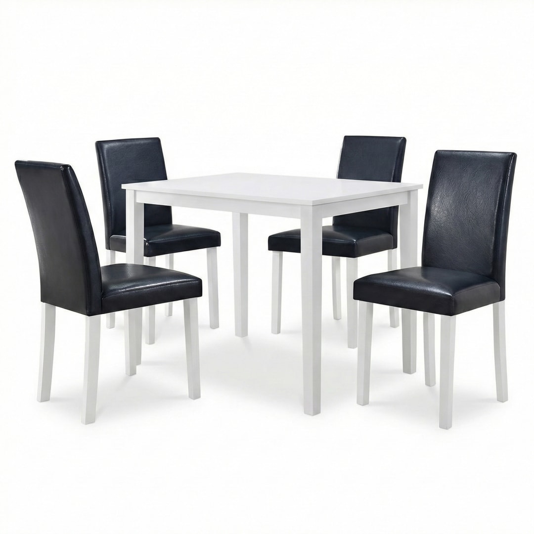 Modern 5-Piece 43.3 Inch Rectangular Dining Set, White Finish with Black PU Leather Upholstered Chairs, Solid Rubberwood