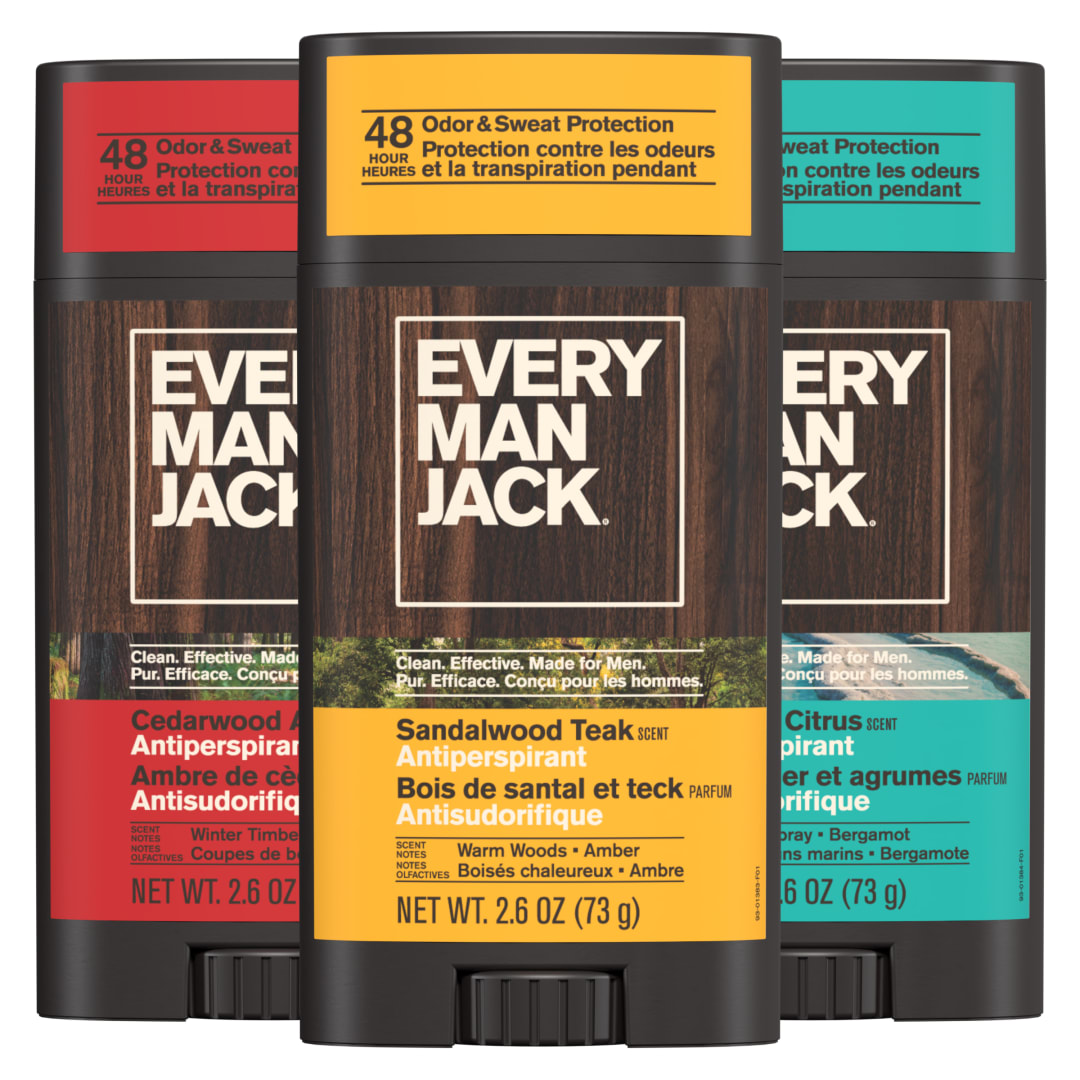 Every Man Jack Men’s Antiperspirant Deodorant Variety Pack – Sandalwood, Cedarwood, Sea Salt Citrus - New & Improved Formula – 48-Hour Odor & Sweat Defense – 73g (3 Pack)