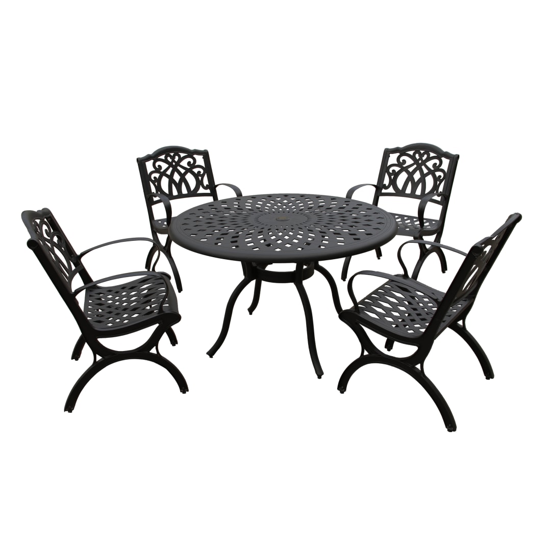 Modern Ornate Outdoor Mesh Aluminum 48-in Black Round Patio Dining Set with Four Chairs
