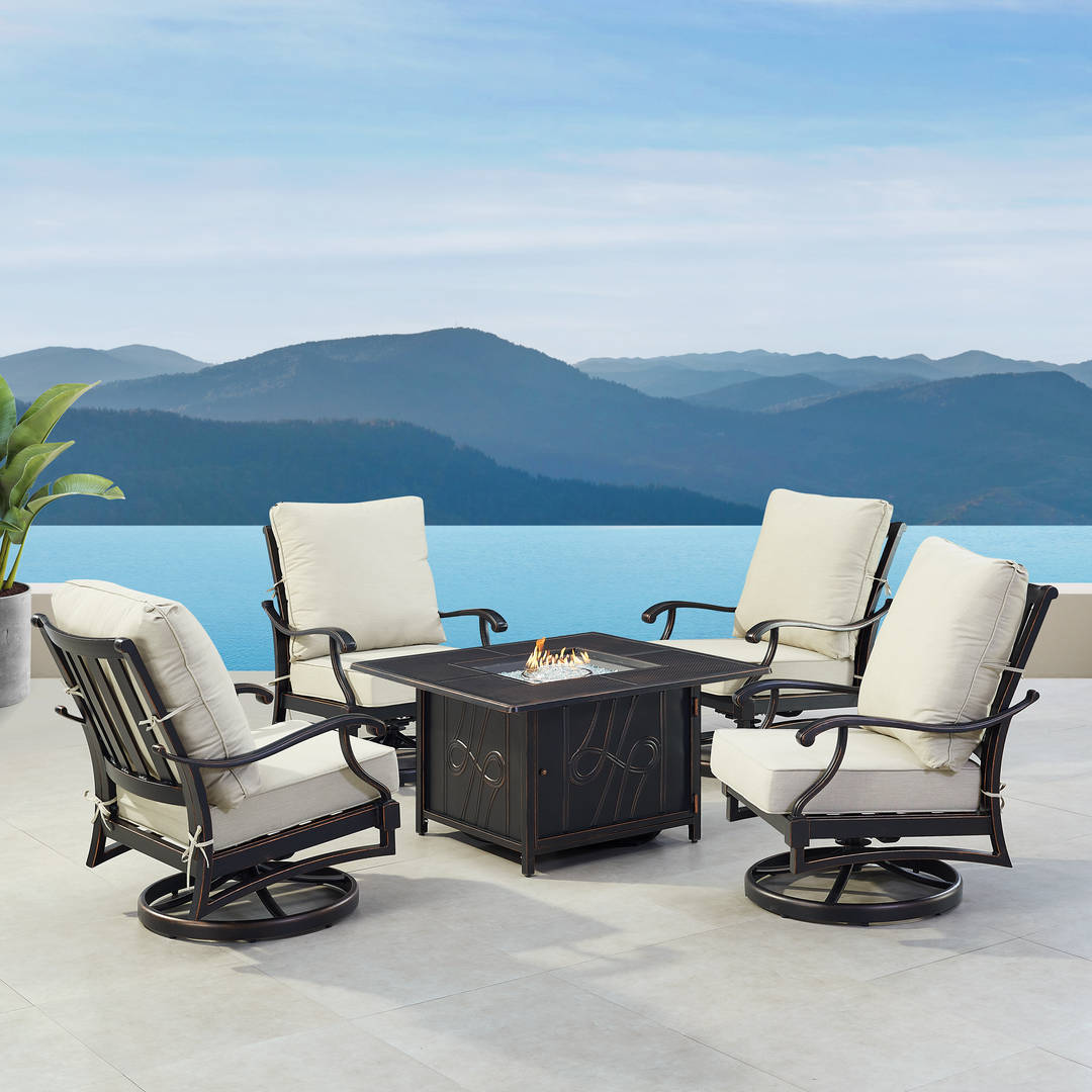 Black Aluminum Patio Fire Table Set with Four Club Chairs