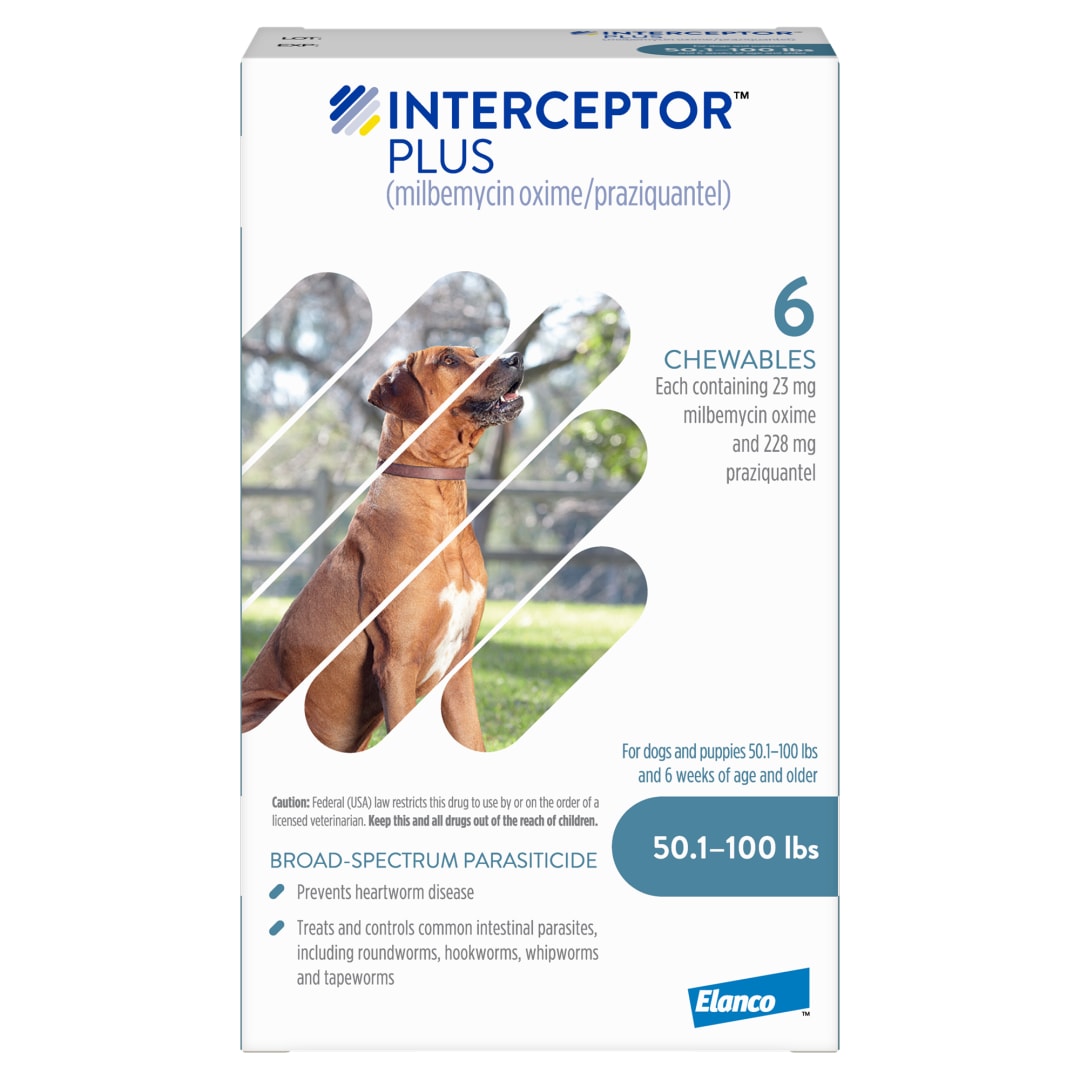 Interceptor Plus Prevention for Heartworm + 4 Other Worms for Dogs 50.1-100 lbs. | 6 Chews, 6-Month Supply