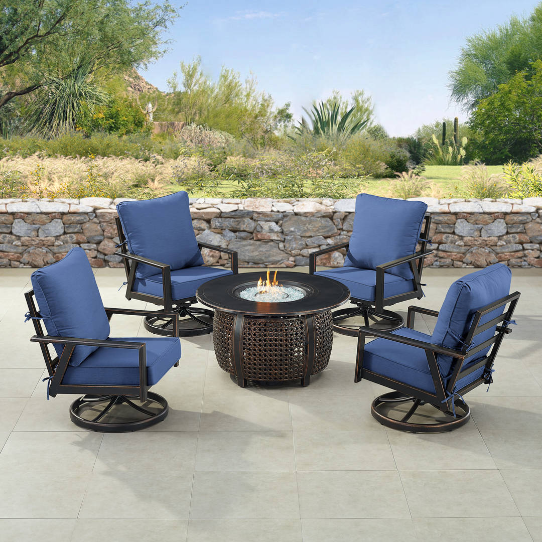 Black Aluminum Patio Fire Table Set with Four Club Chairs