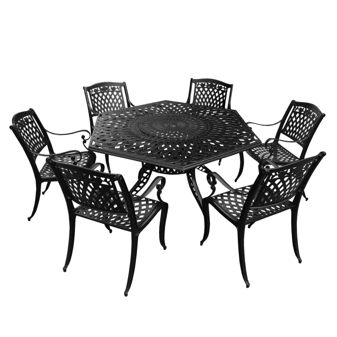 Modern Ornate Outdoor Mesh Aluminum 63-in Large Black Hexagon Patio Dining Set with Lazy Susan and Six Chairs