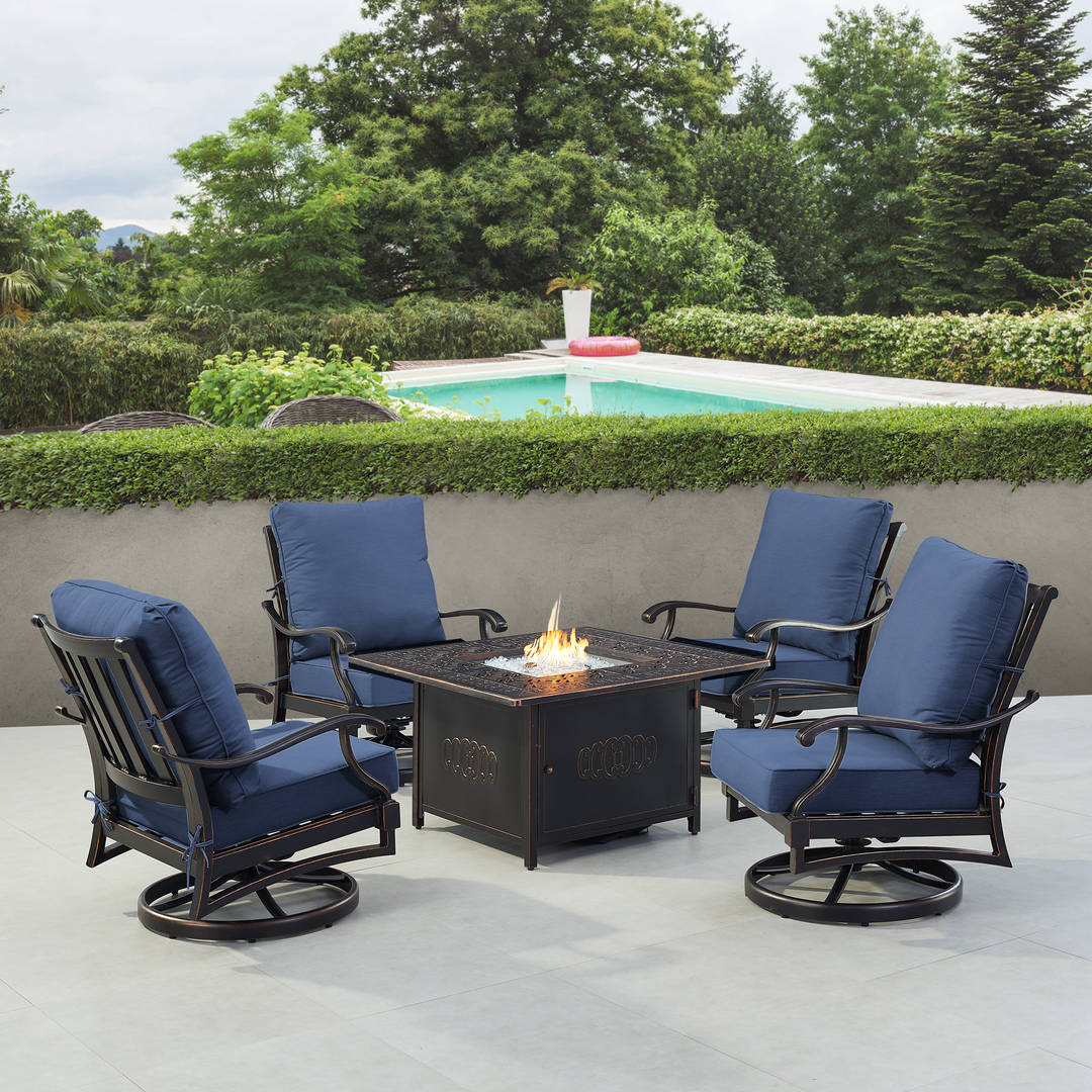 Black Aluminum Patio Fire Table Set with Four Club Chairs