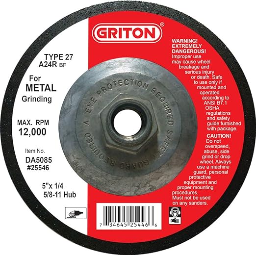 Griton Type 27 Grinding Wheel Used on Metal with Hub 5X1/4X5/8-11