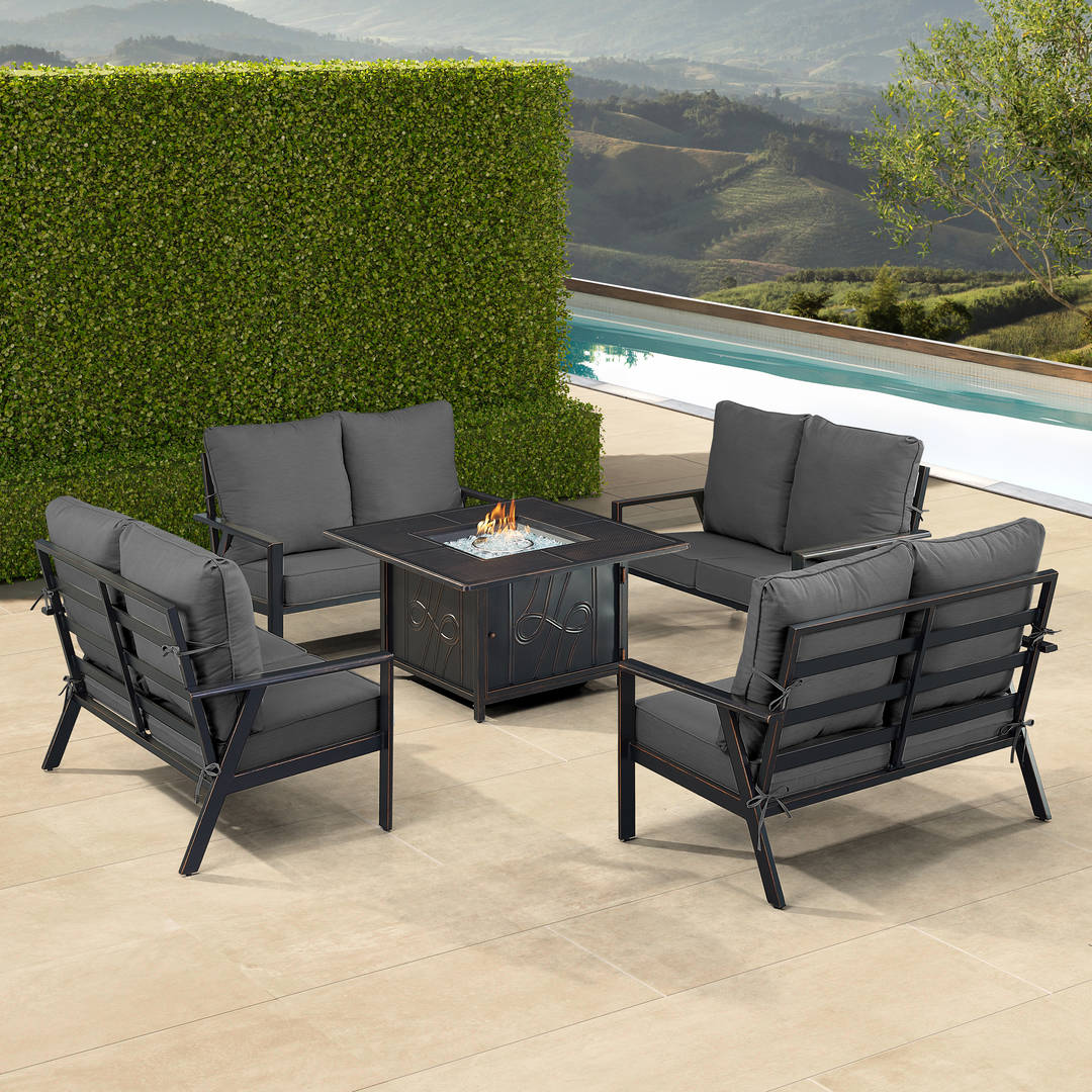 Black Aluminum Patio Fire Table Set with Four Deep Seating Loveseats with Cushions
