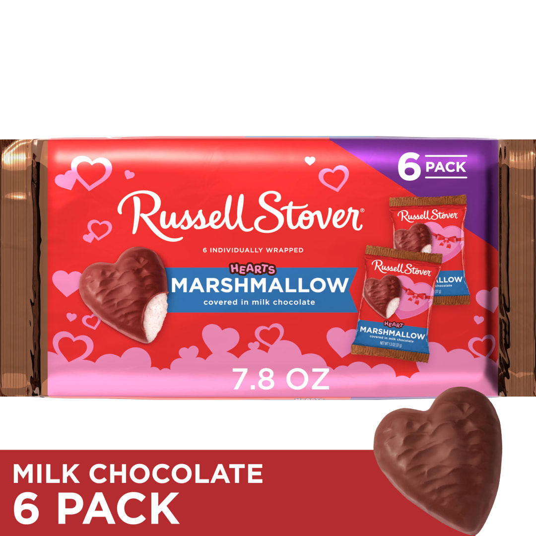 RUSSELL STOVER Valentine's Day Milk Chocolate Marshmallow Candy Bar Heart 6 Pack, 7.8 oz.