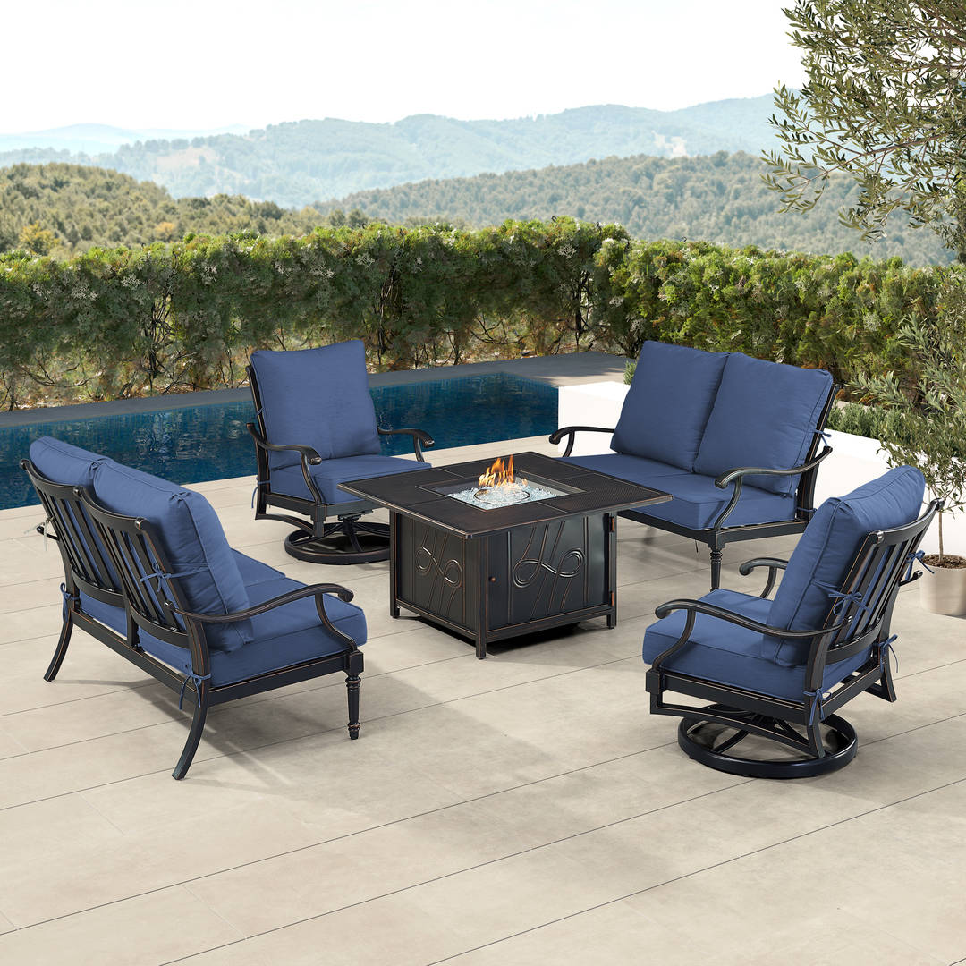 Black Aluminum Patio Fire Table Set with Two Deep Seating Loveseat with Cushions and Two Club Chairs