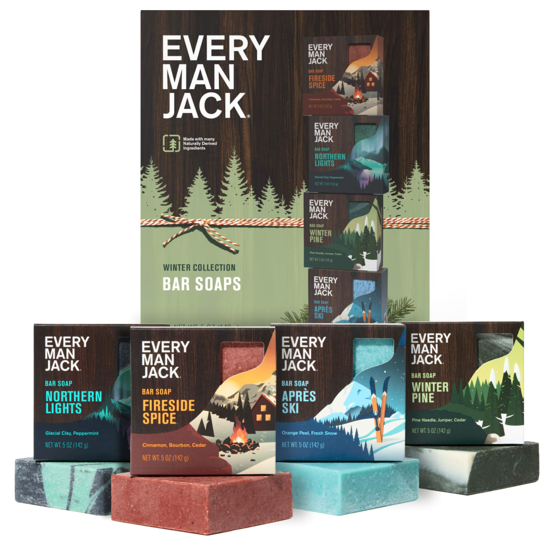 Every Man Jack Cold Processed Mens Bar Soap Variety Gift Set - Invigorating Winter Scents - Deeply Cleans, Hydrates with Naturally Derived Ingredients - 5 ounce (pack of 4)