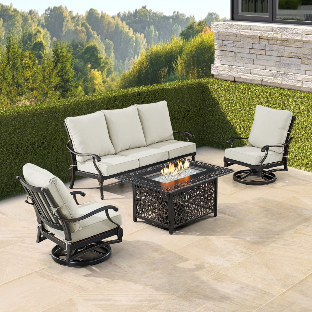Black Aluminum Patio Fire Table Set with Deep Seating Sofa with Cushion and Two Club Chairs
