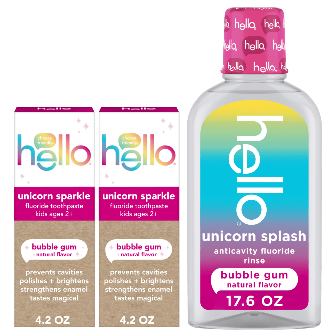 hello Unicorn Sparkle Kids Toothpaste with Fluoride and Unicorn Splash Kids Mouthwash with Fluoride Bundle Pack, No Alcohol Formula, Natural Flavor Bubblegum Mouthwash and Toothpaste