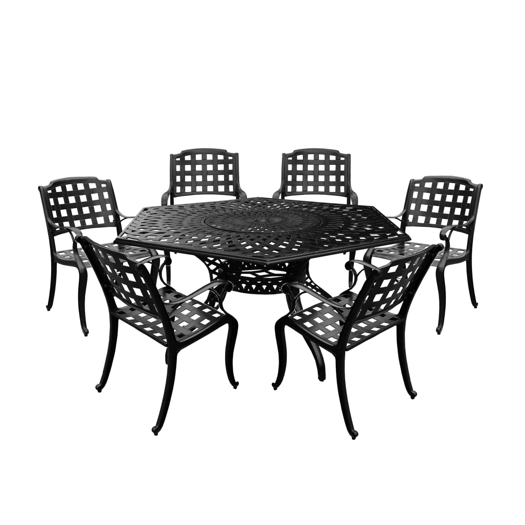 Modern Ornate Outdoor Mesh Aluminum 63-in Large Black Hexagon Patio Dining Set with Lazy Susan and Six Chairs
