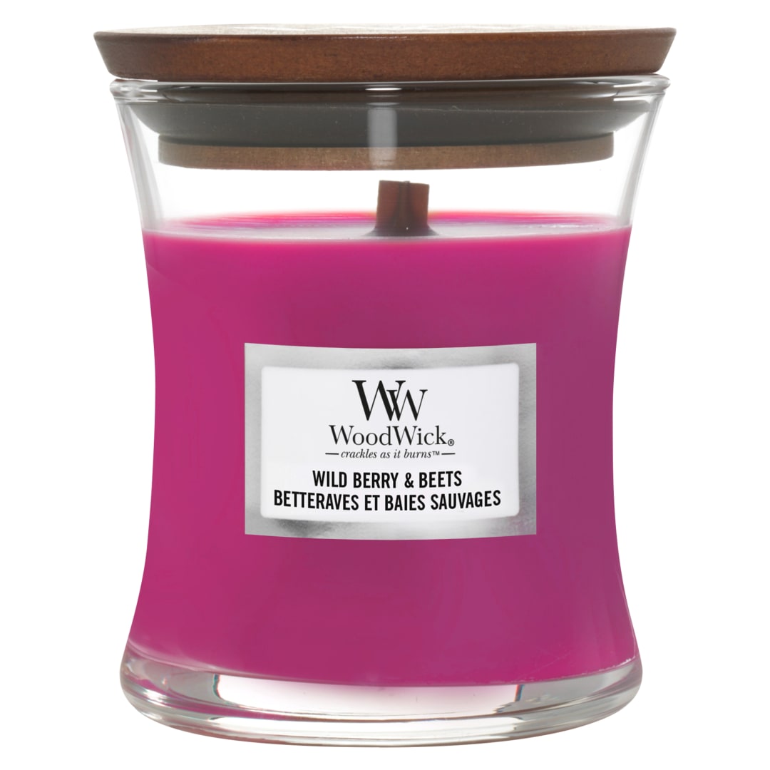 WoodWick Vela perfumada con mecha crepitante | Vela mini Hourglass de bayas silvestres y remolacha | Hasta 20 horas de duración | Regalo perfecto para mujeres