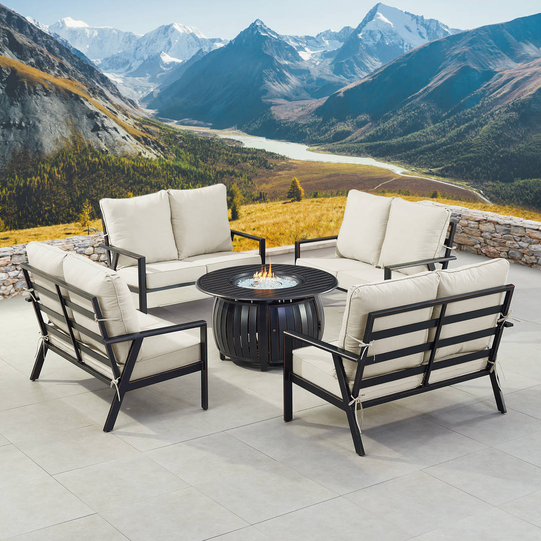 Black Aluminum Patio Fire Table Set with Four Deep Seating Loveseats with Cushions