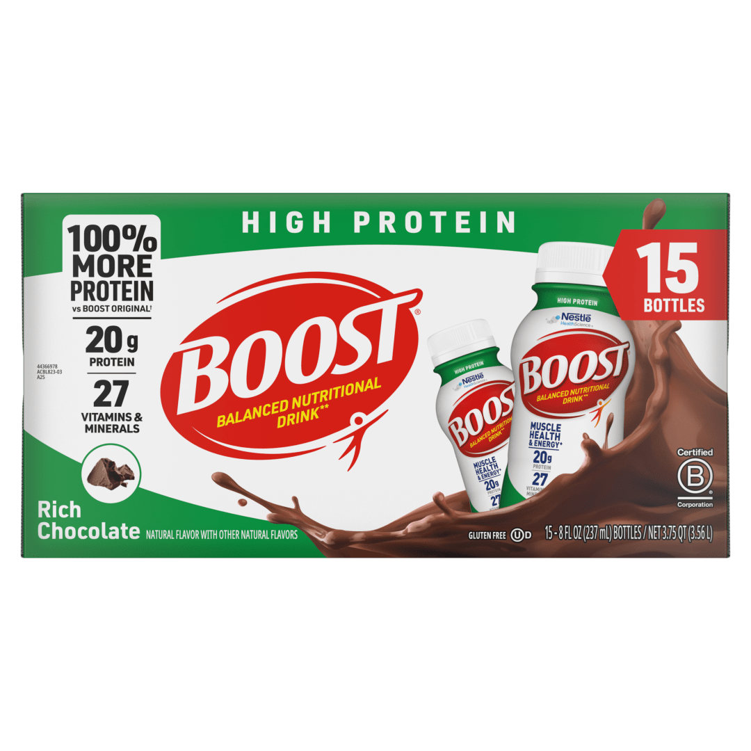 BOOST 20g High Protein Nutritional Drink Shakes, Rich Chocolate, 8 fl oz, 15 Pack