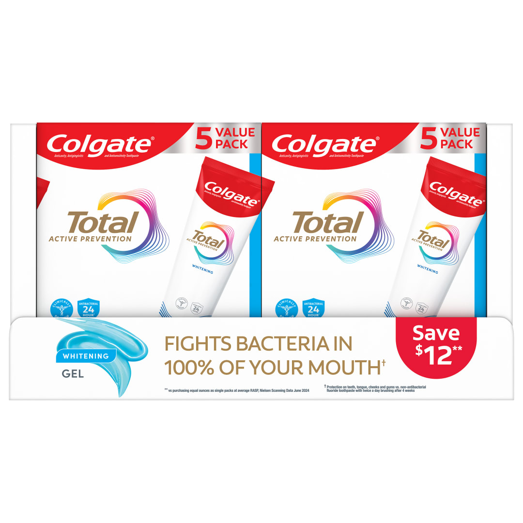 Colgate Total Active Prevention Plus Whitening Toothpaste Gel, Mint, 5 Pack, 6.0 oz