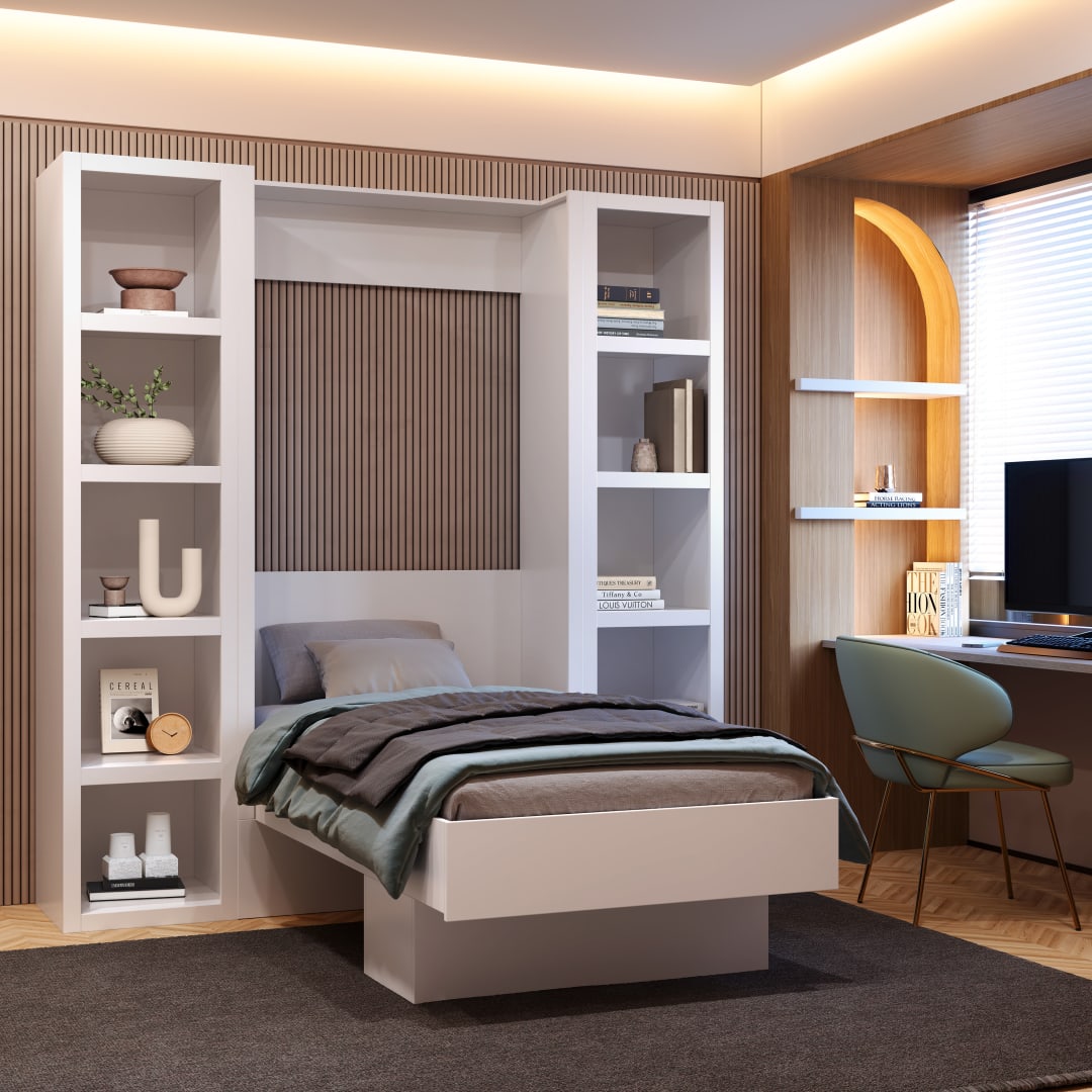 Easy-Lift Twin Murphy Wall Bed in White with Two Bookshelves