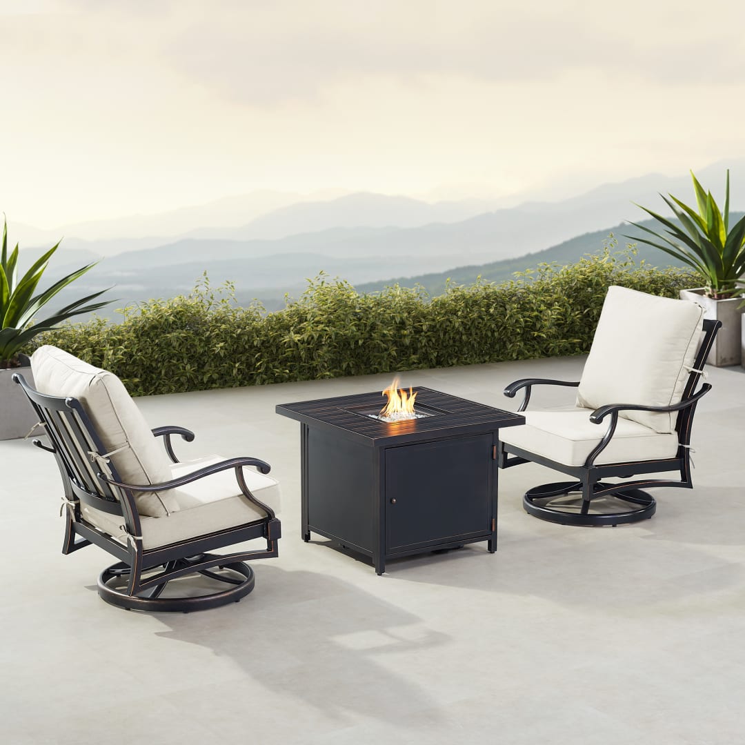 Black Aluminum Patio Fire Table Bistro Set with Two Club Chairs