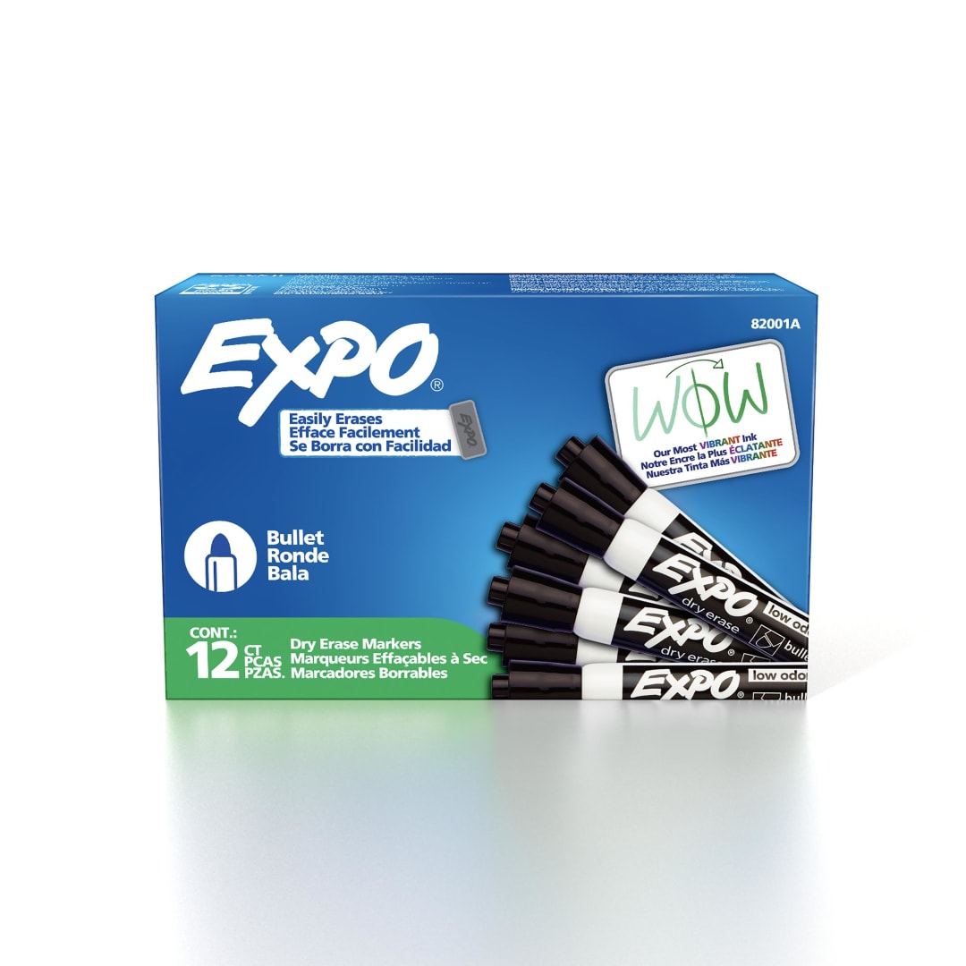 EXPO Dry Erase Markers, Low Odor Ink, Black, Bullet Tip, 12 Count