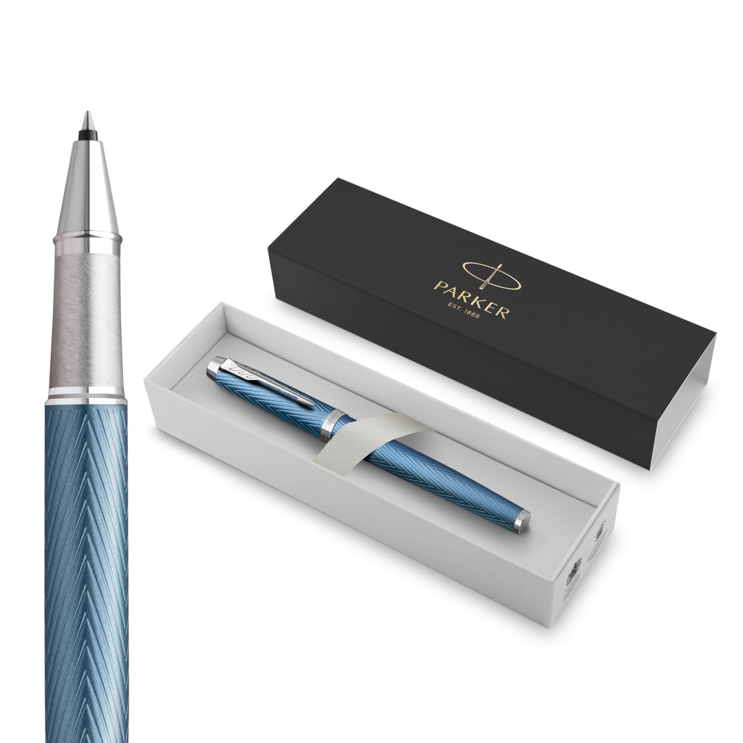 Parker Im Bolígrafo Roller, Azul-Gris Premium Con Adornos Cromados, Punta Fina Con Recambio De Tinta Negra, Estuche De Regalo
