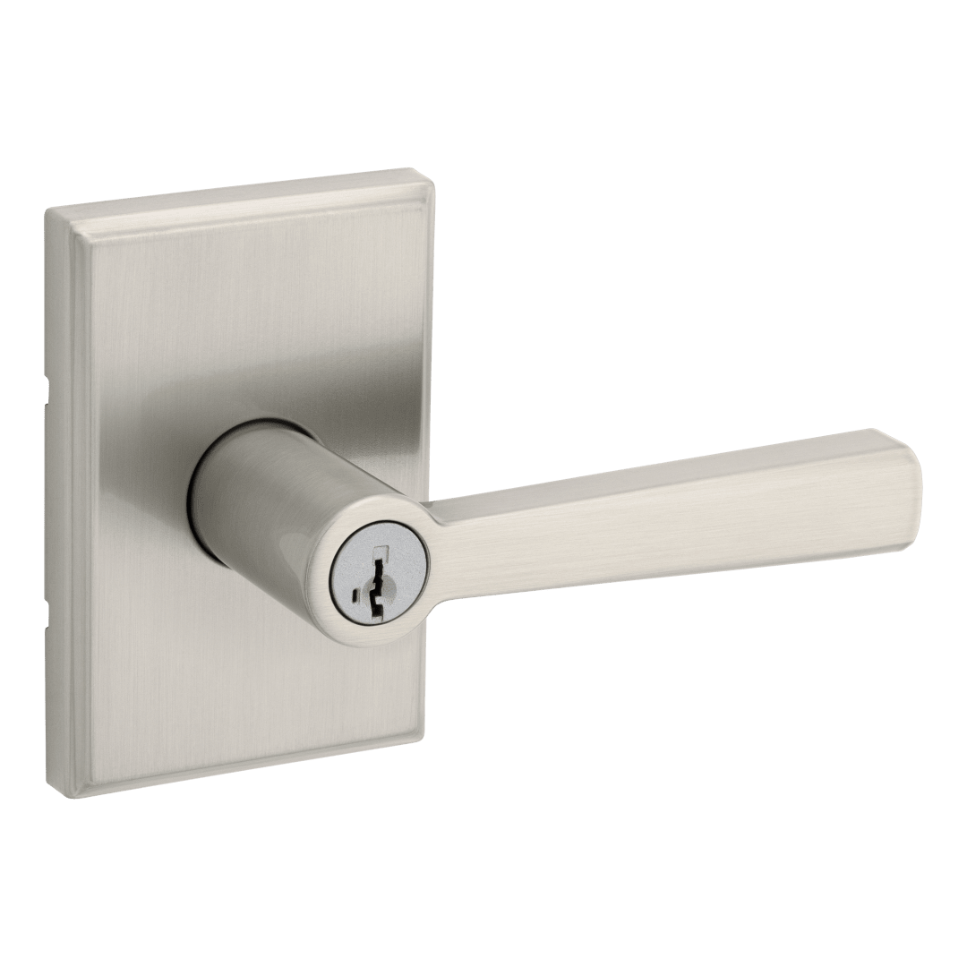 Trafford Rectangle Rose Keyed Entry Door Lever in Satin Nickel featuring SmartKey Security