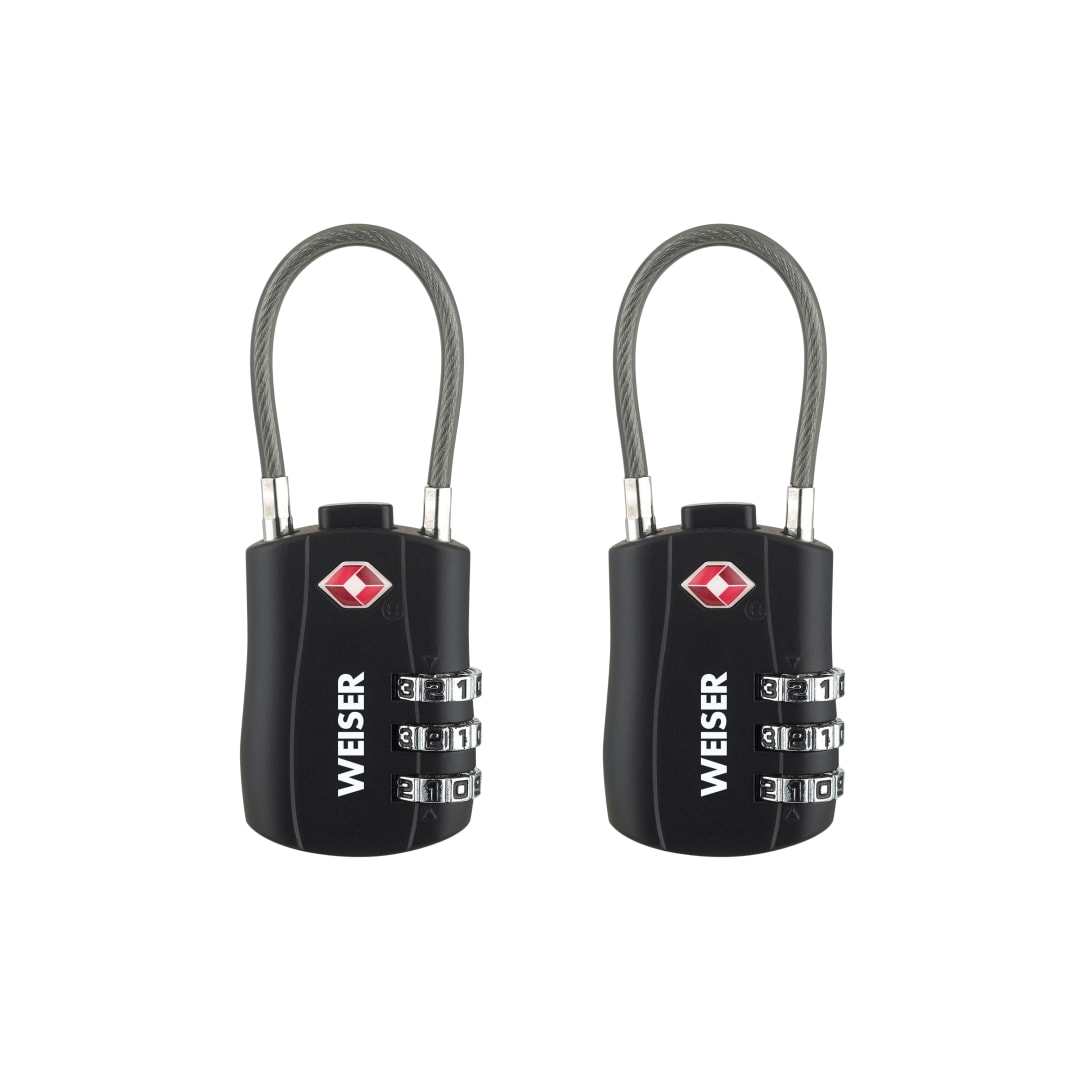 Weiser TSA Approved 3-Digit Combination Luggage Lock with Cable, Travel Suitcase and Bag Lock, 1-3/16 in Body, 2 Pack, Black