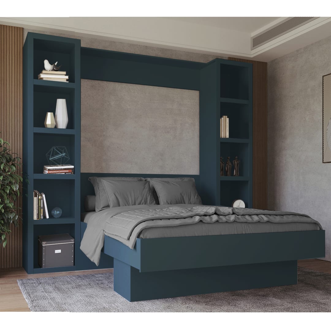 Easy-Lift Queen Murphy Wall Bed in Blue with Two Bookshelves