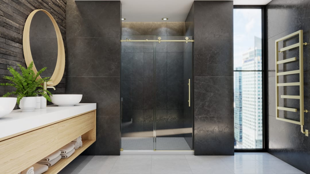 DreamLine Enigma-X 44-48 inch W x 76 inch H Fully Frameless Sliding Shower Door in Brushed Gold