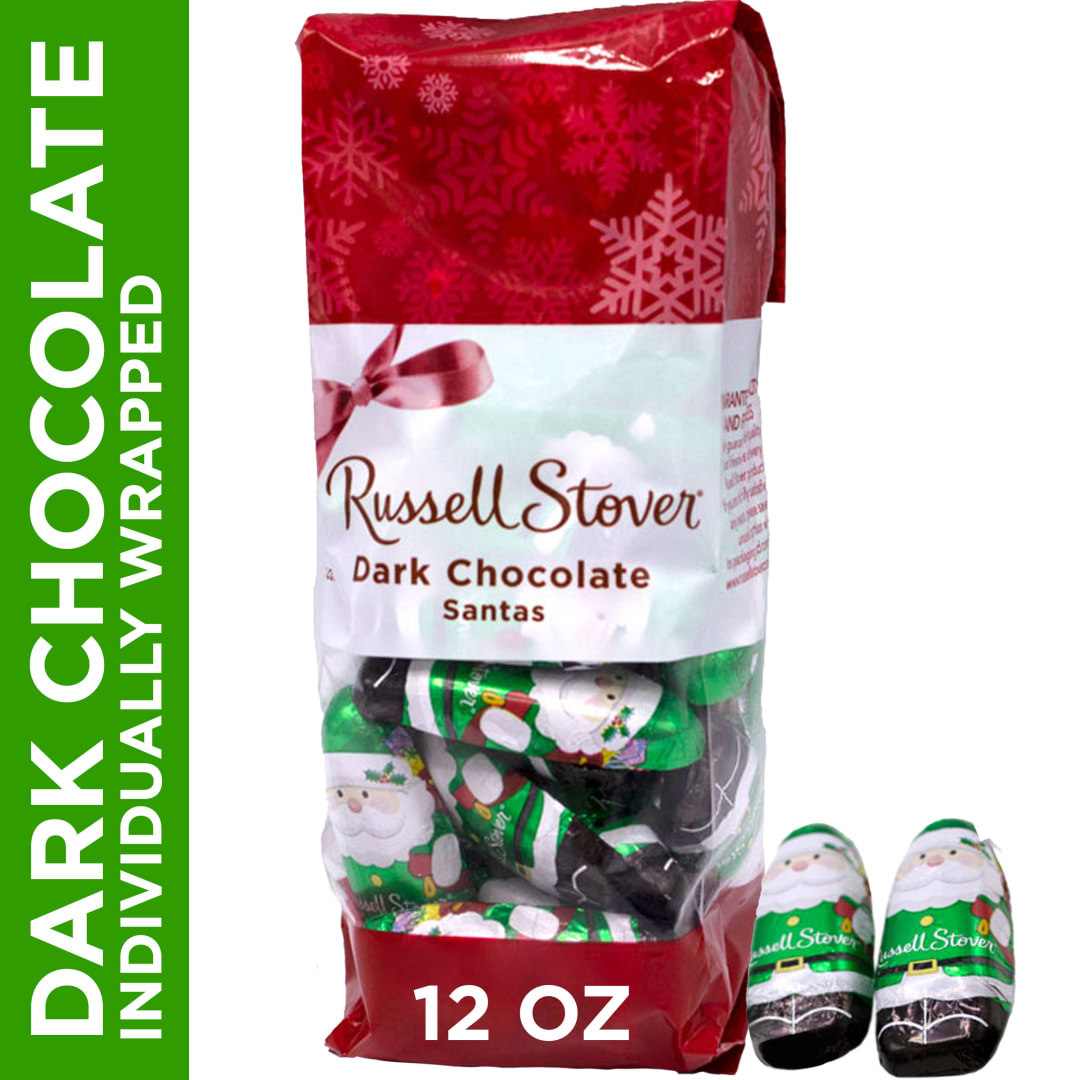 RUSSELL STOVER Christmas Solid Dark Chocolate Foil Wrapped Santas Candy Gift Bag, 12 oz.