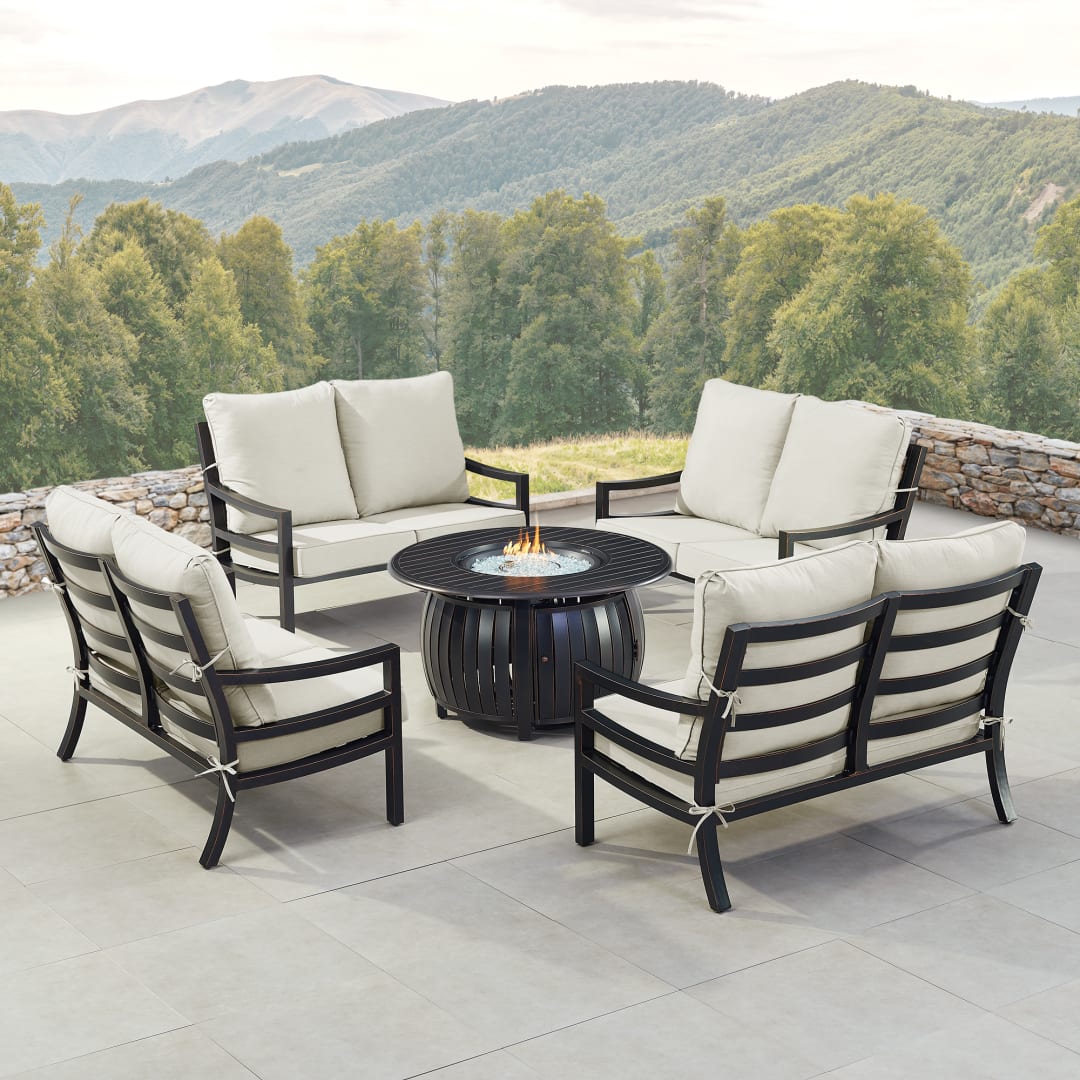 Black Aluminum Patio Fire Table Set with Four Deep Seating Loveseat with Cushions