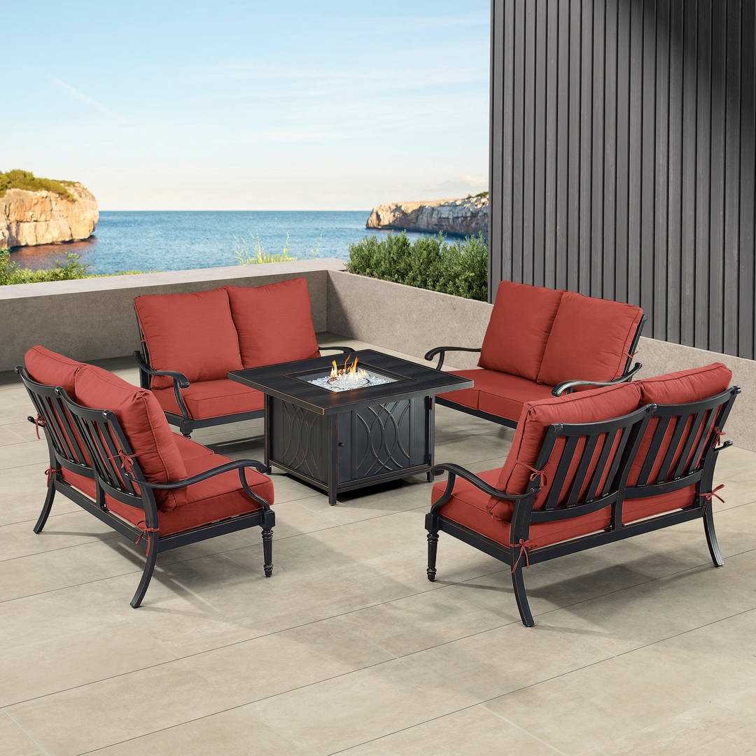 Black Aluminum Patio Fire Table Set with Four Deep Seating Loveseat with Cushions