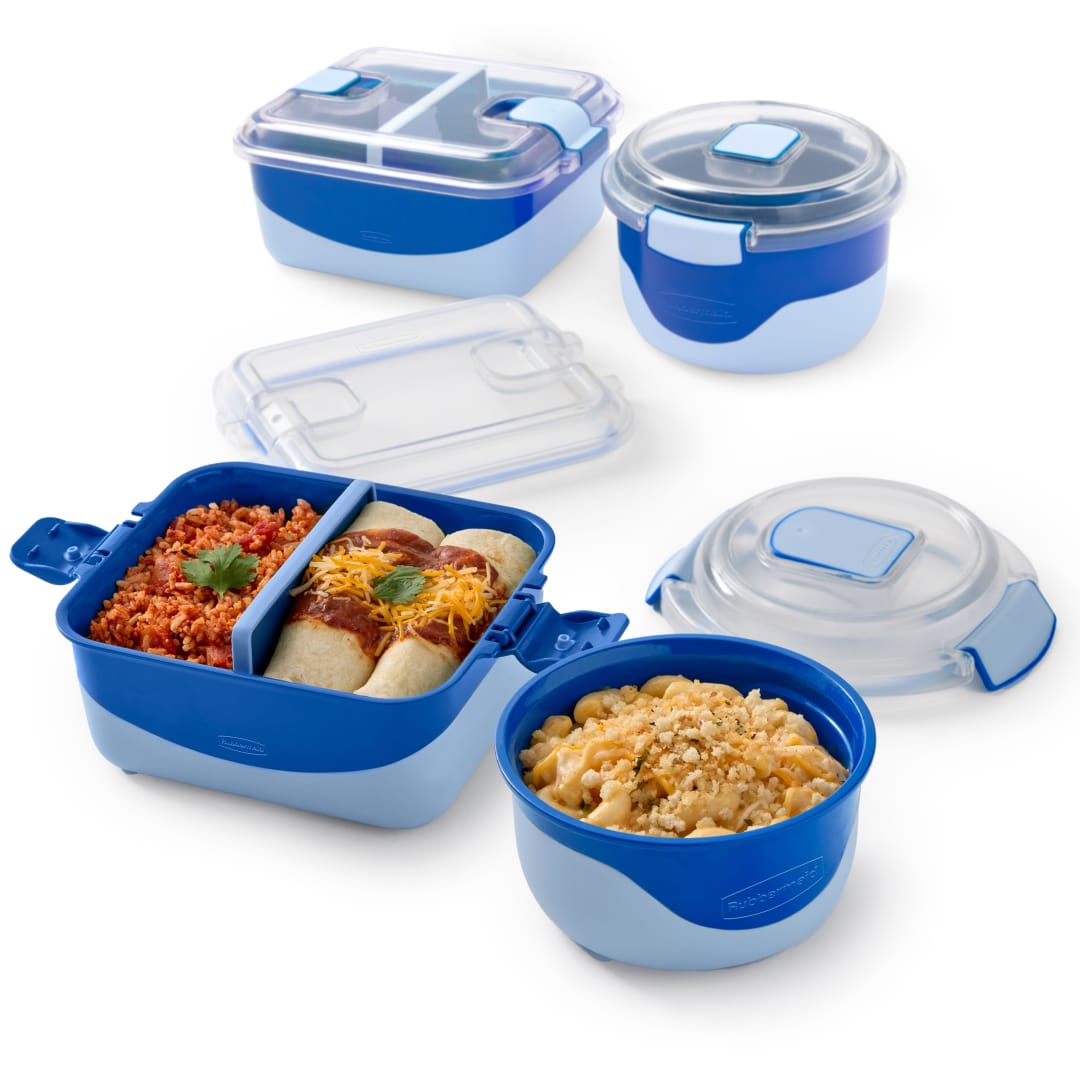 Rubbermaid Pack & Go Microwavable Set With 1.35 L Container with Divider Insert and Two 360 mL Round Containers, Leakproof Meal Prep Containers