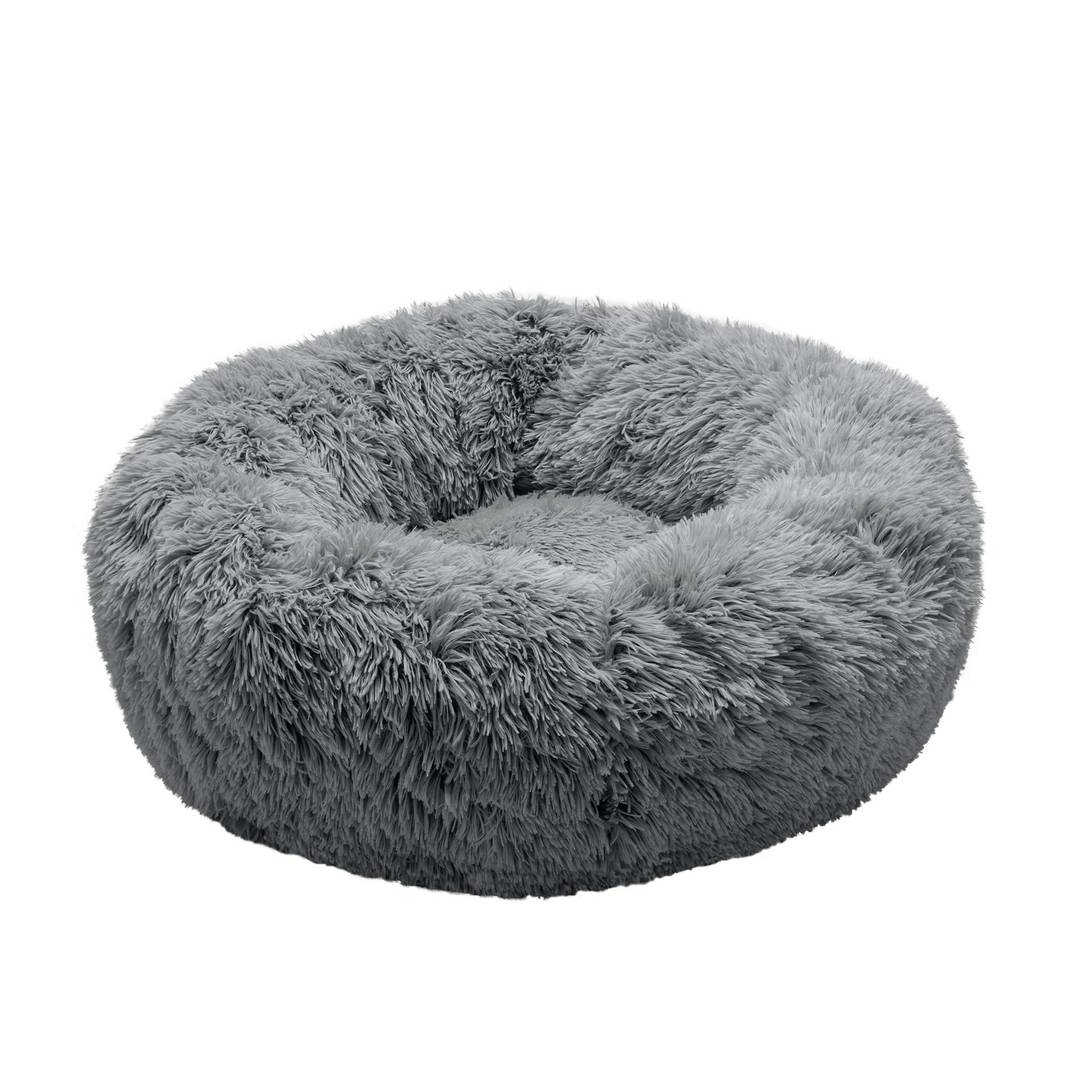 FurHaven Calming Donut Dog Bed for Small Dogs, Round Plush Donut with Soft Filling for Snuggling Comfort, Removable Washable Cover, Small, Shaggy Faux Fur, Gray