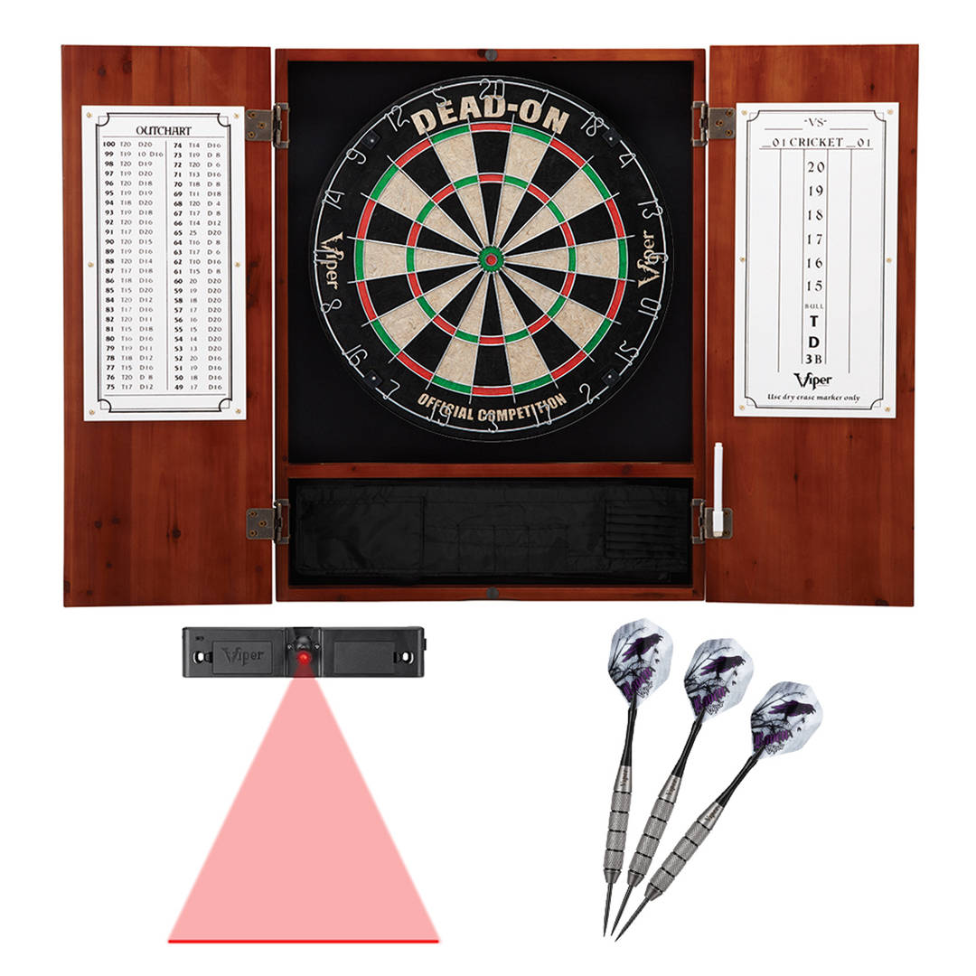 Viper Metropolitan Cinnamon Steel Tip Dartboard Cabinet, Viper Dead-On Bristle Dartboard, Viper Underground Raven Steel Tip Darts 25 Grams, and Throw Line Light