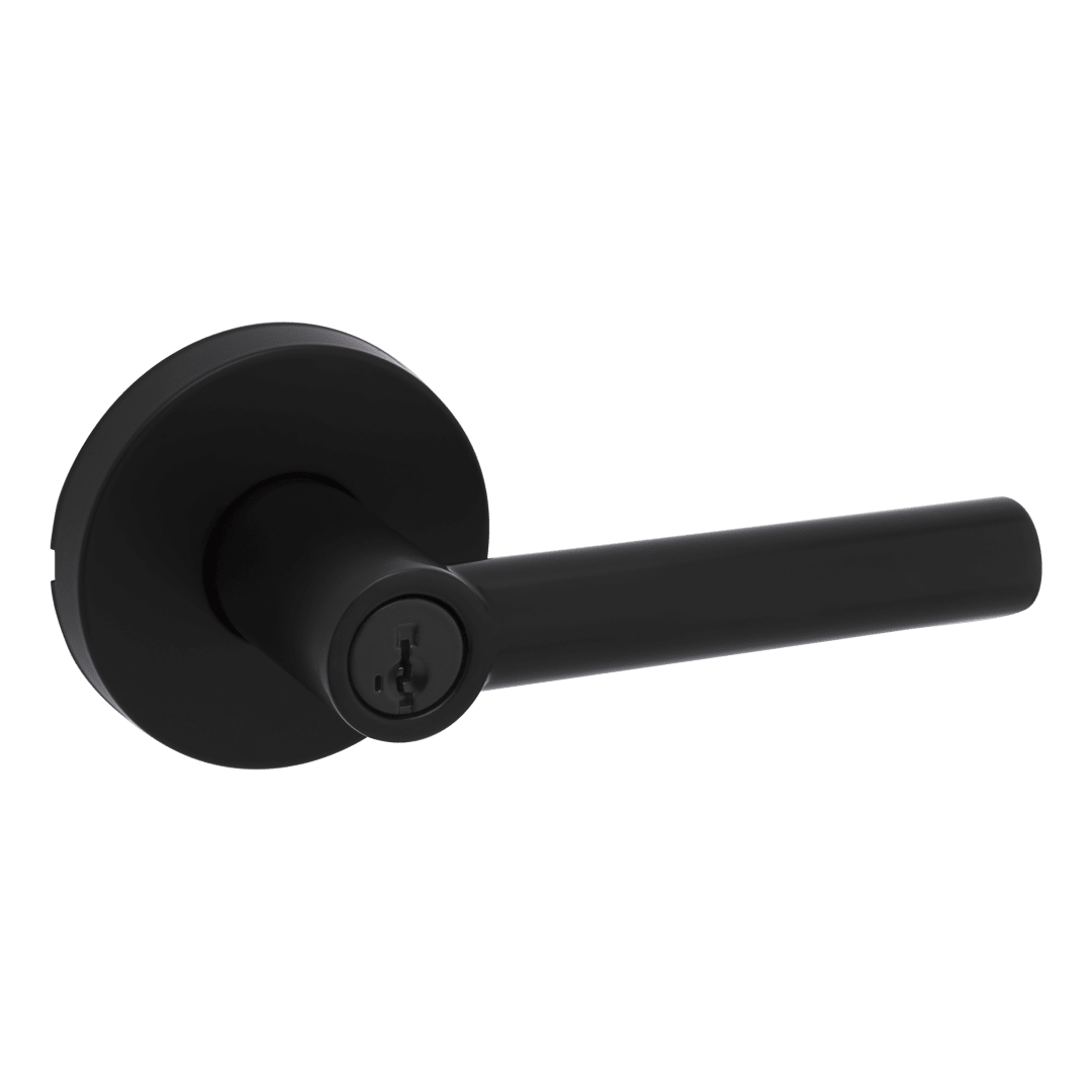 Milan Keyed Storeroom Lever featuring SmartKey Security™ in Matte Black