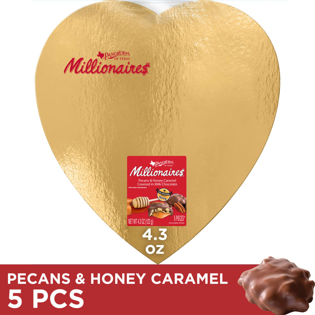PANGBURN'S OF TEXAS Milk Chocolate Millionaires Valentine's Day Heart Candy Gift Box, 4.3 oz.
