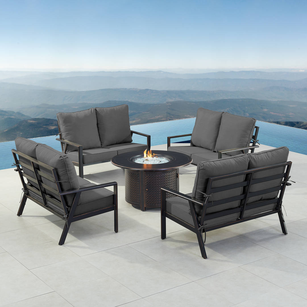 Black Aluminum Patio Fire Table Set with Four Deep Seating Loveseats with Cushions