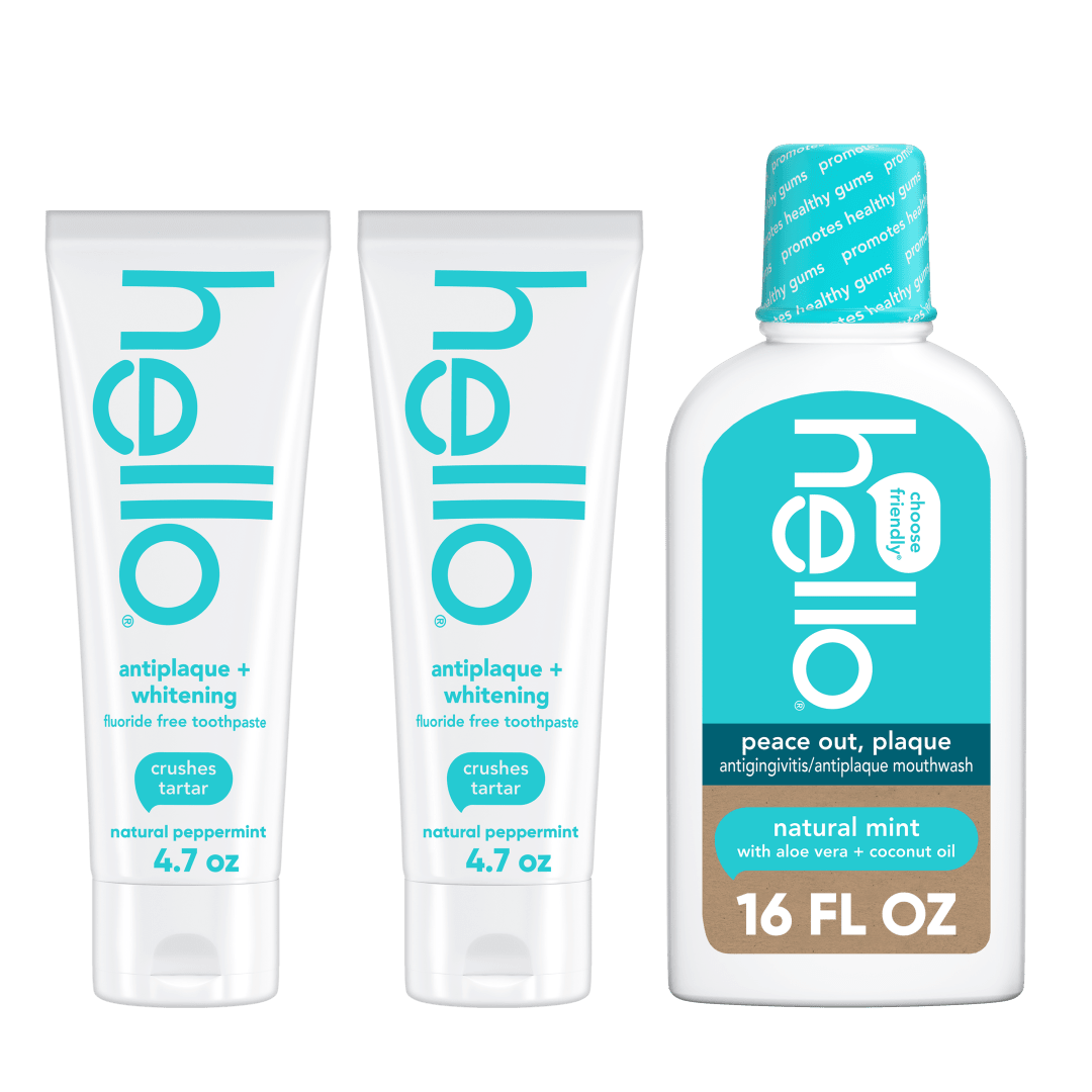 hello Antiplaque Fluoride Free Whitening Toothpaste and Peace Out Plaque Alcohol Free Mouthwash Pack, Includes Two 4.7 Oz Fluoride Free Whitening Toothpastes and One 16 Fl Oz Fluoride Free Mouthwash