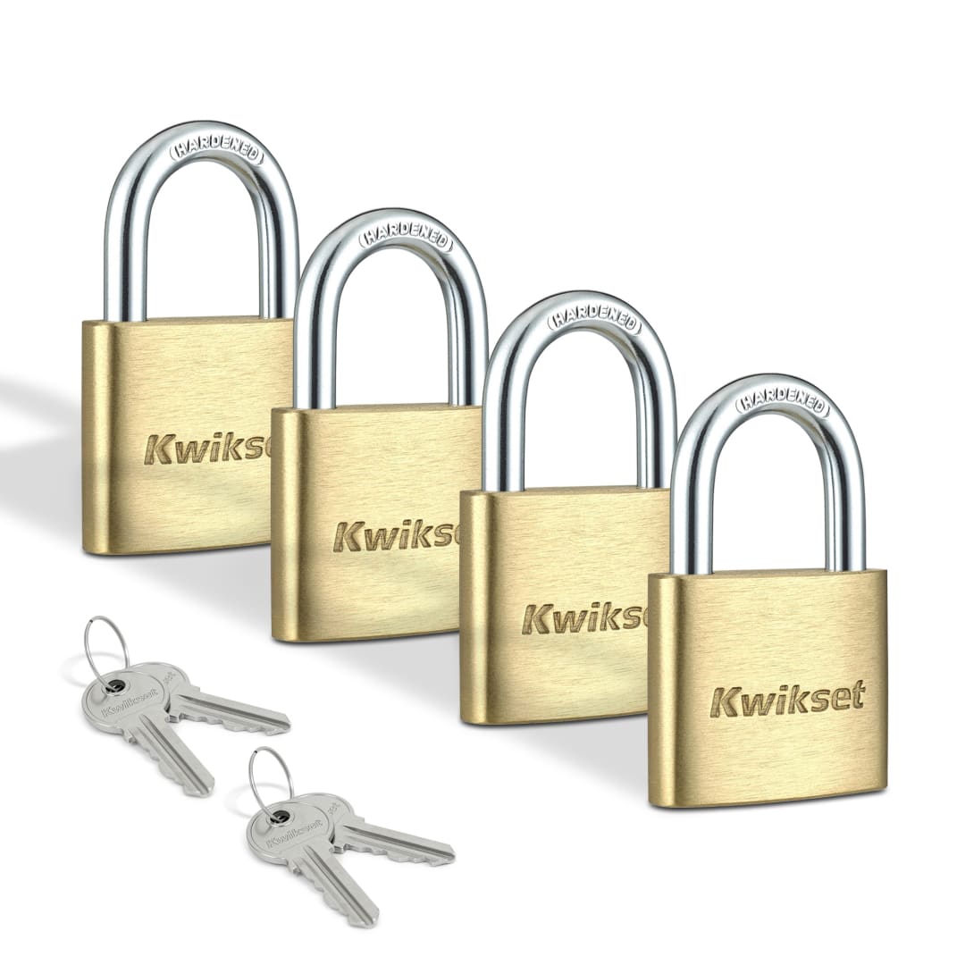 Kwikset Brass Padlock with Hardened Steel Shackle, 1-9/16 in Body, 7/8 in Shackle, 4 Pack