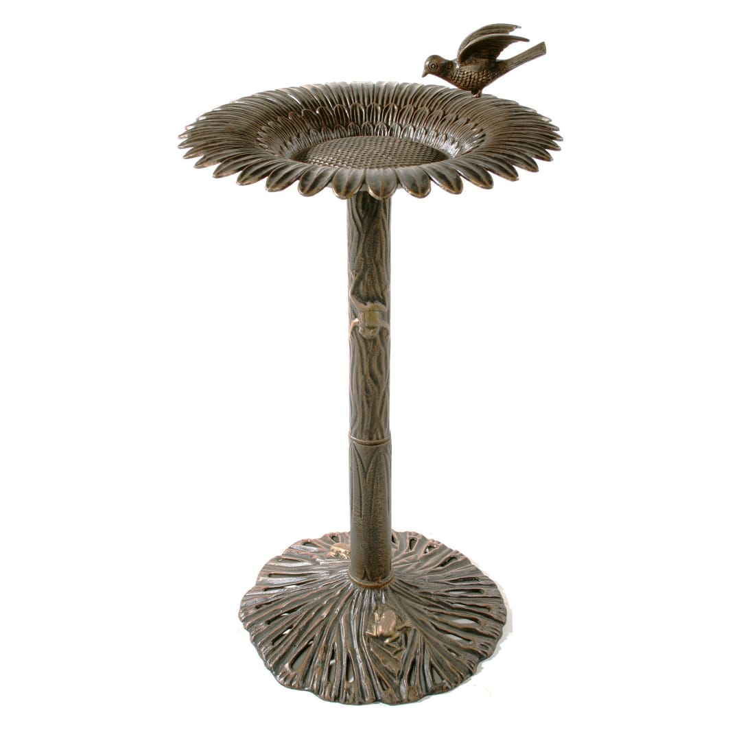 Round Cast Aluminum Metal 30-in Bronze Bird Bath with Sunflower