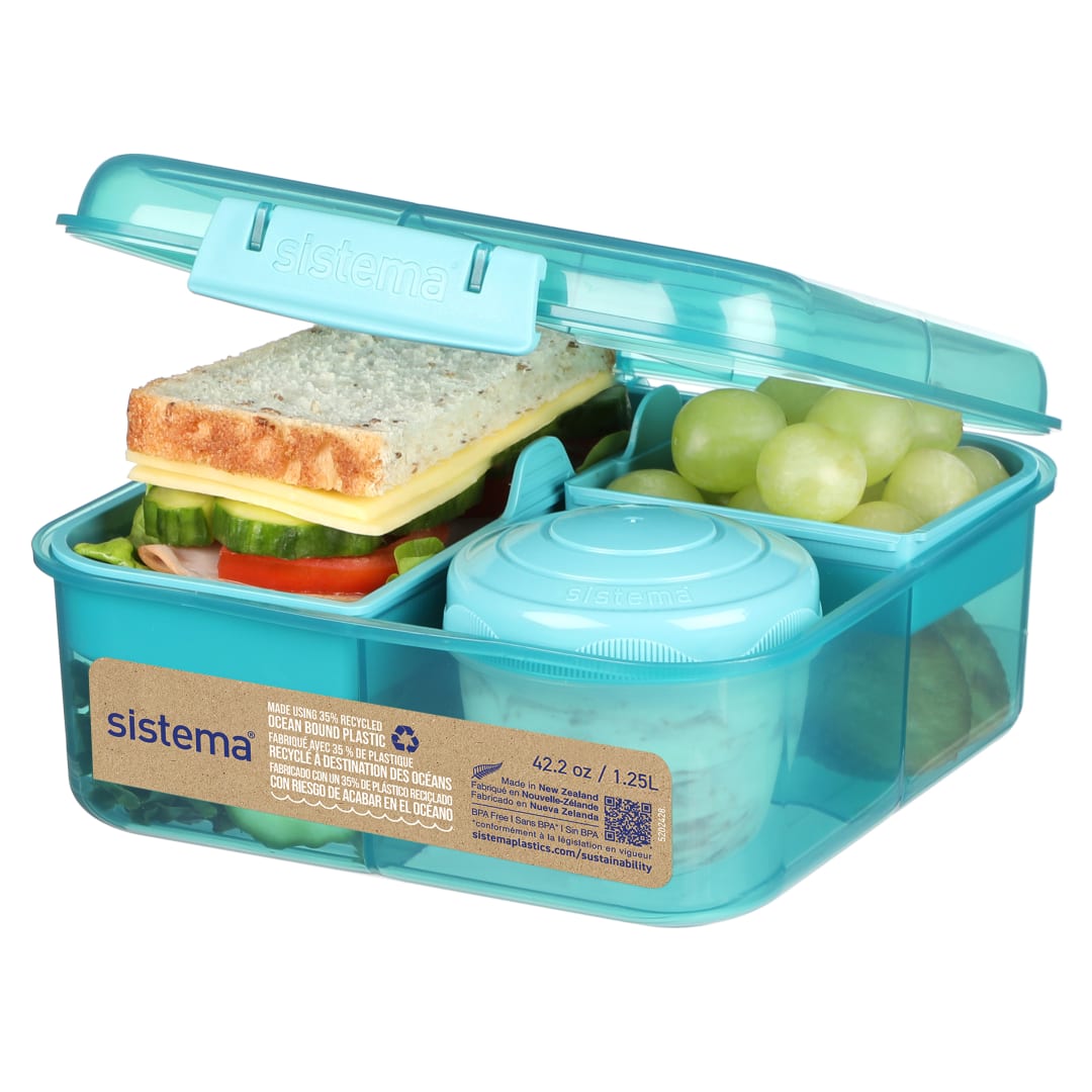 Sistema To Go fiambrera bento | Fiambrera con tarrina para yogur o fruta | Plástico con destino al océano | 1,25 l | Verde Azulado