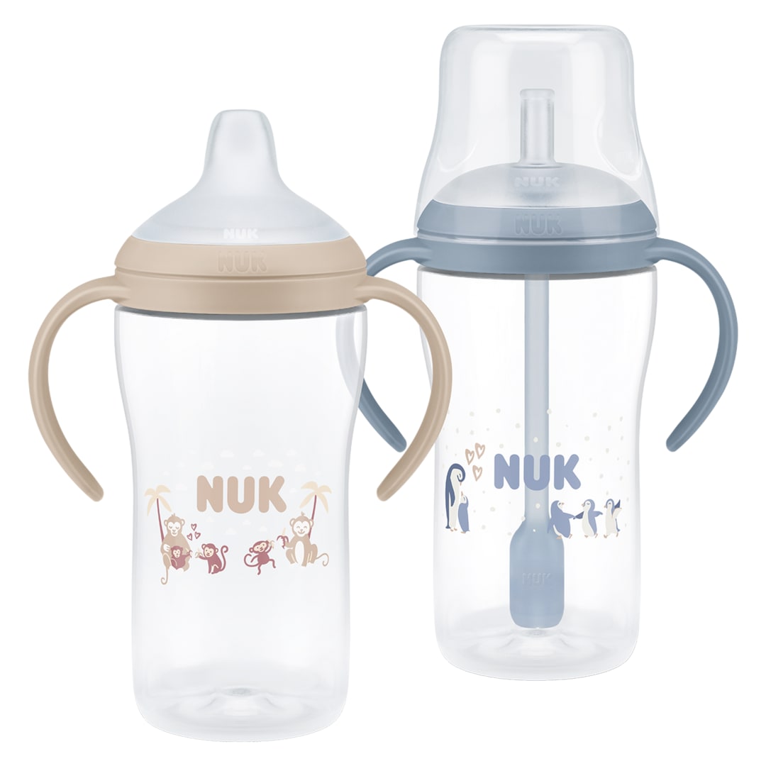 Perfect Match Learner Straw Bottles, 6+ Months, 260 ml, Leak Proof Baby Straw Cup, Anti-Slip Handles, Monkey & Penguin, 2 Count
