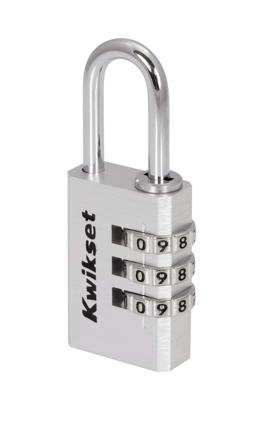 Kwikset Aluminum Combination Padlock, 3-Digit, 1-1/8 in Body, 1 in Shackle, 1 Pack, Silver
