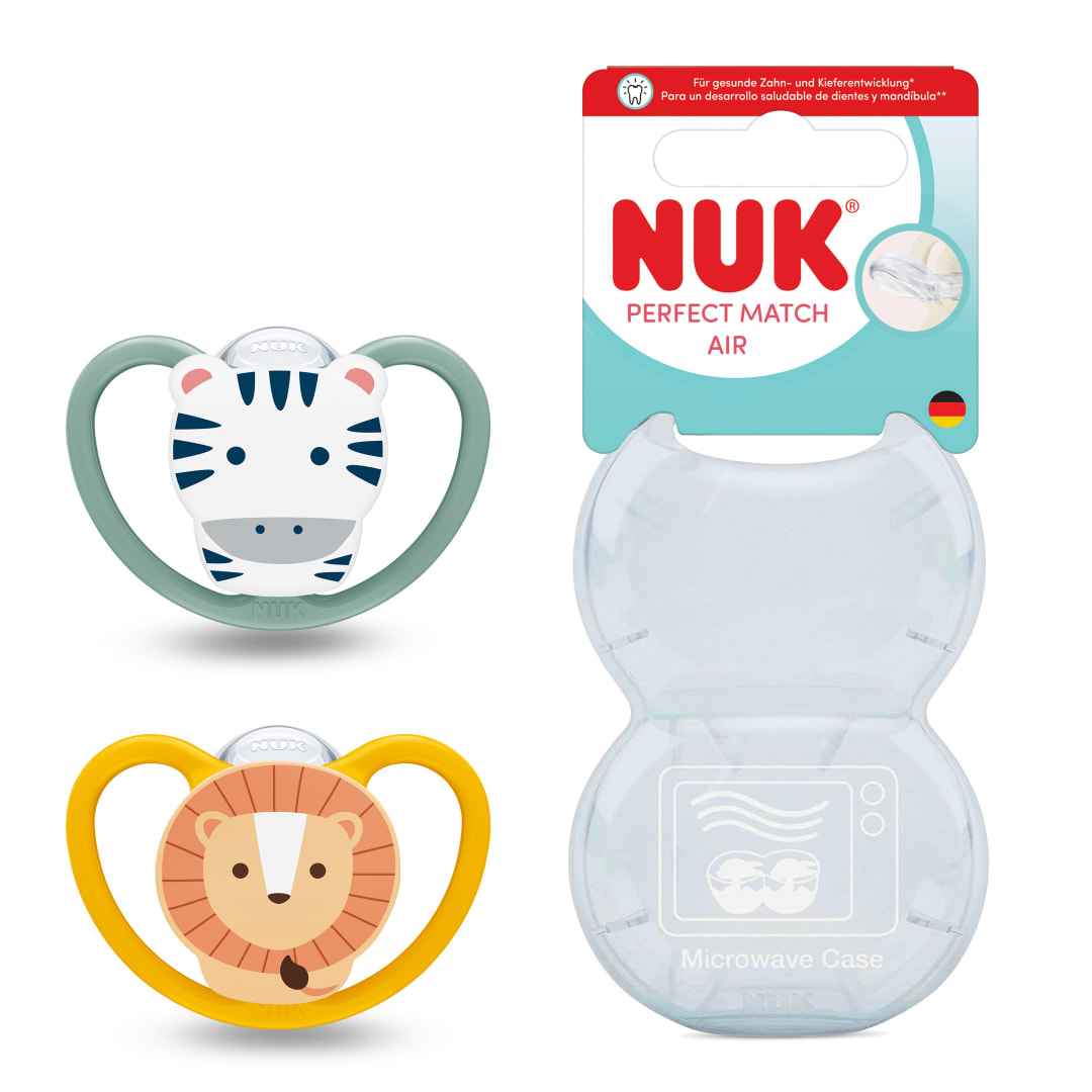 NUK Perfect Match Air Chupete | 18-36 meses | Chupetes ortodnticos que facilitan la ventilacin y evitan la irritacin | 95% de aceptacin por parte de los bebs** | Cebra / Len | 2 unidades